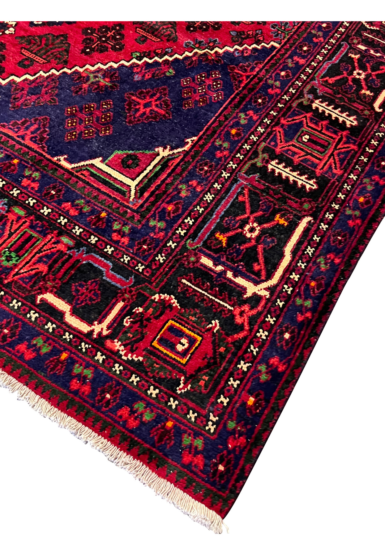 Edge detail of 10x13 Persian Meymeh, navy outer guard with red sprigs, ivory fringe, intact selvage, handmade