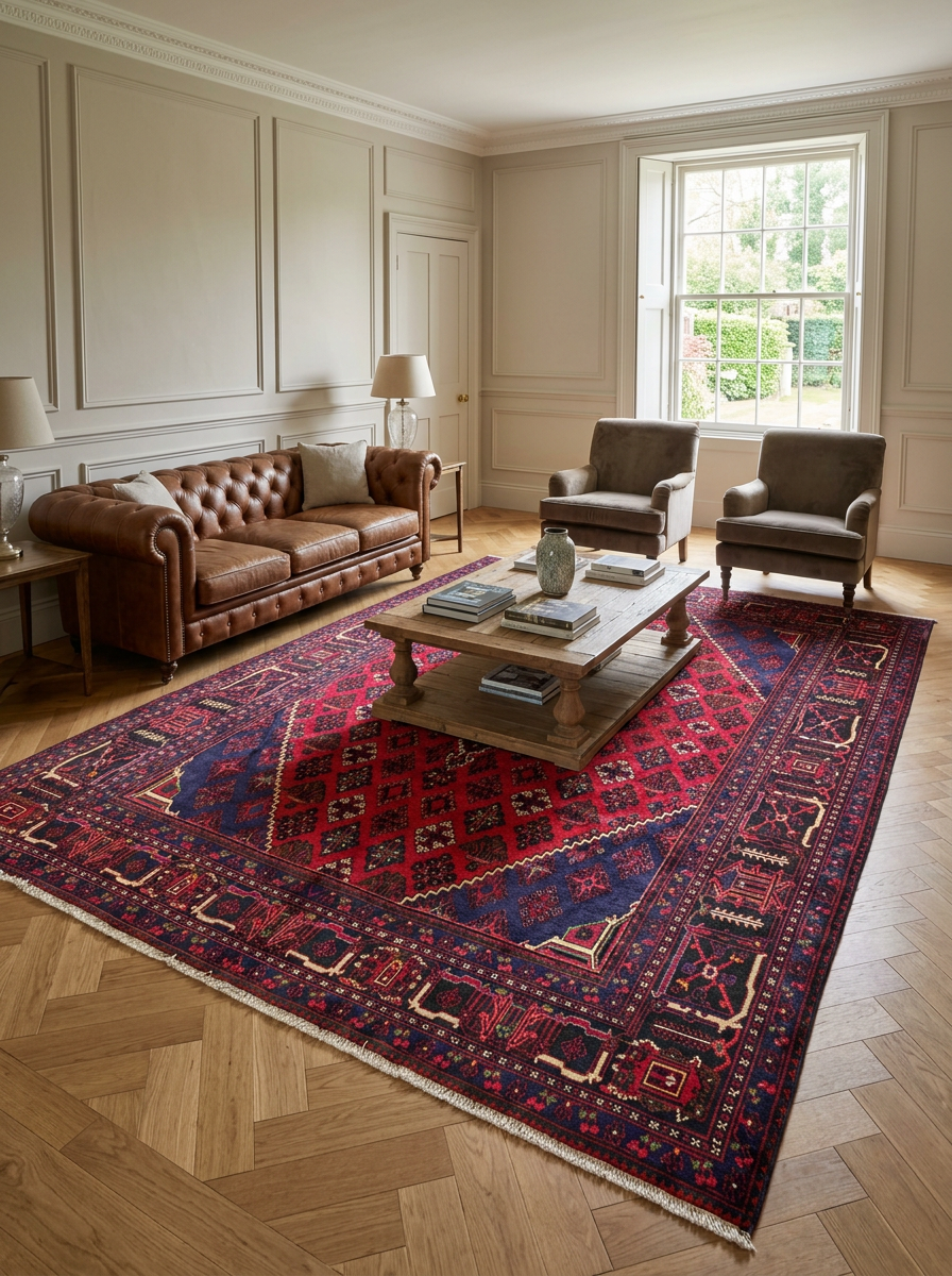 10 x 13 Persian Meymeh Rug | Red Stepped Diamond | Navy Spandrels | 220-240 KPSI