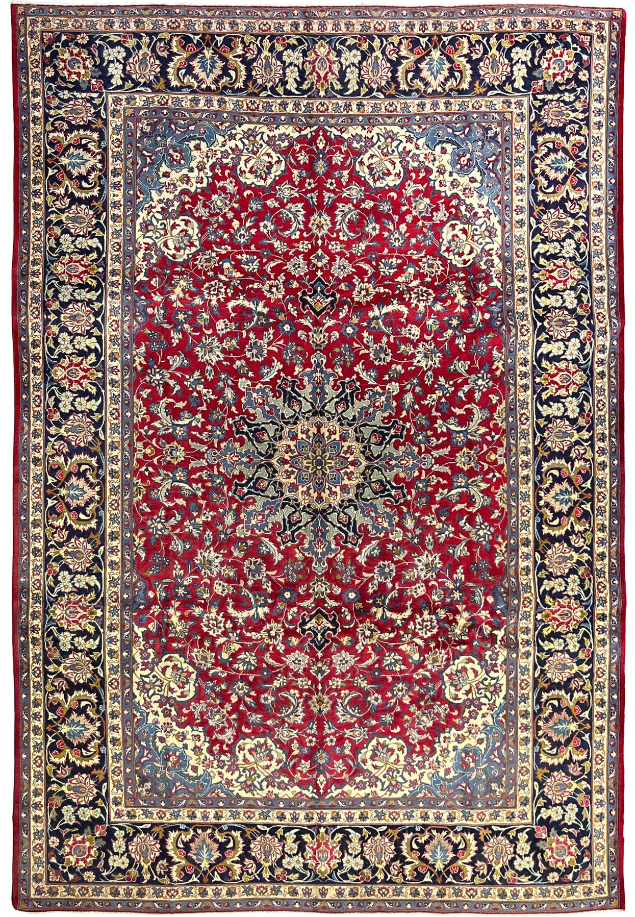 10x14 Persian Najafabad rug full view, cherry red field with star medallion, navy border, hand-knotted wool, authentic