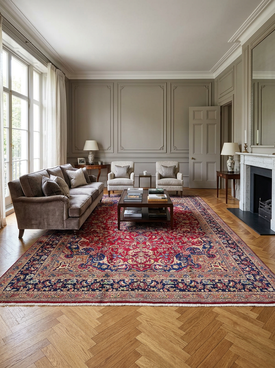 9'5" x 12'10"  Persian Mashad Rug | Red Field | Floral Star Medallion | Clearance