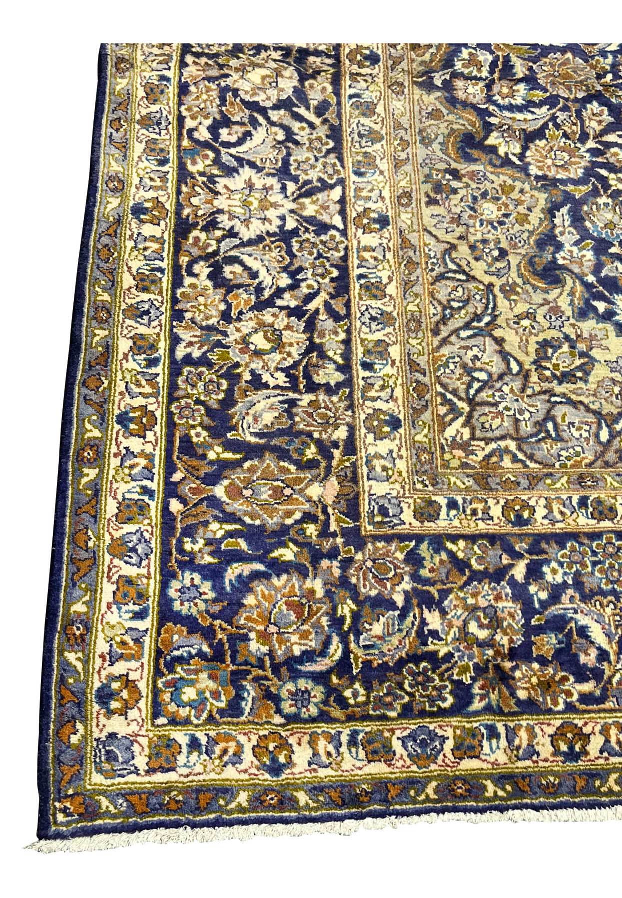 Border detail of 10x13 Kashan rug, multi-band structure with navy and ivory floral repeats, hand-knotted wool on cotton