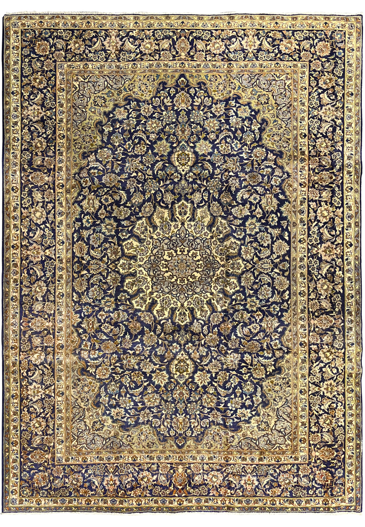 10x13 Persian Kashan rug full view, deep navy field with elongated ivory medallion, allover floral, hand-knotted wool
