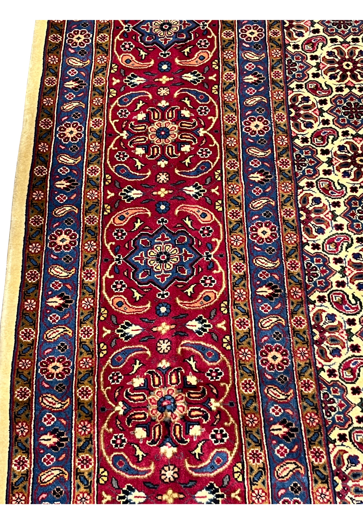 Border close-up of fine Persian Mashad, large red cartouches with navy paisleys and gold leaves, workshop drawing