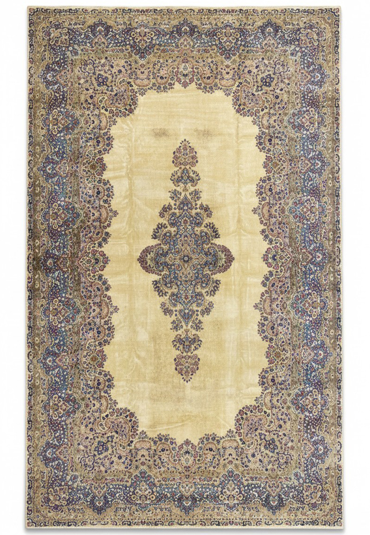 12x19 Persian Kerman rug full view, ivory open field with sky blue and rose floral medallion, hand-knotted wool