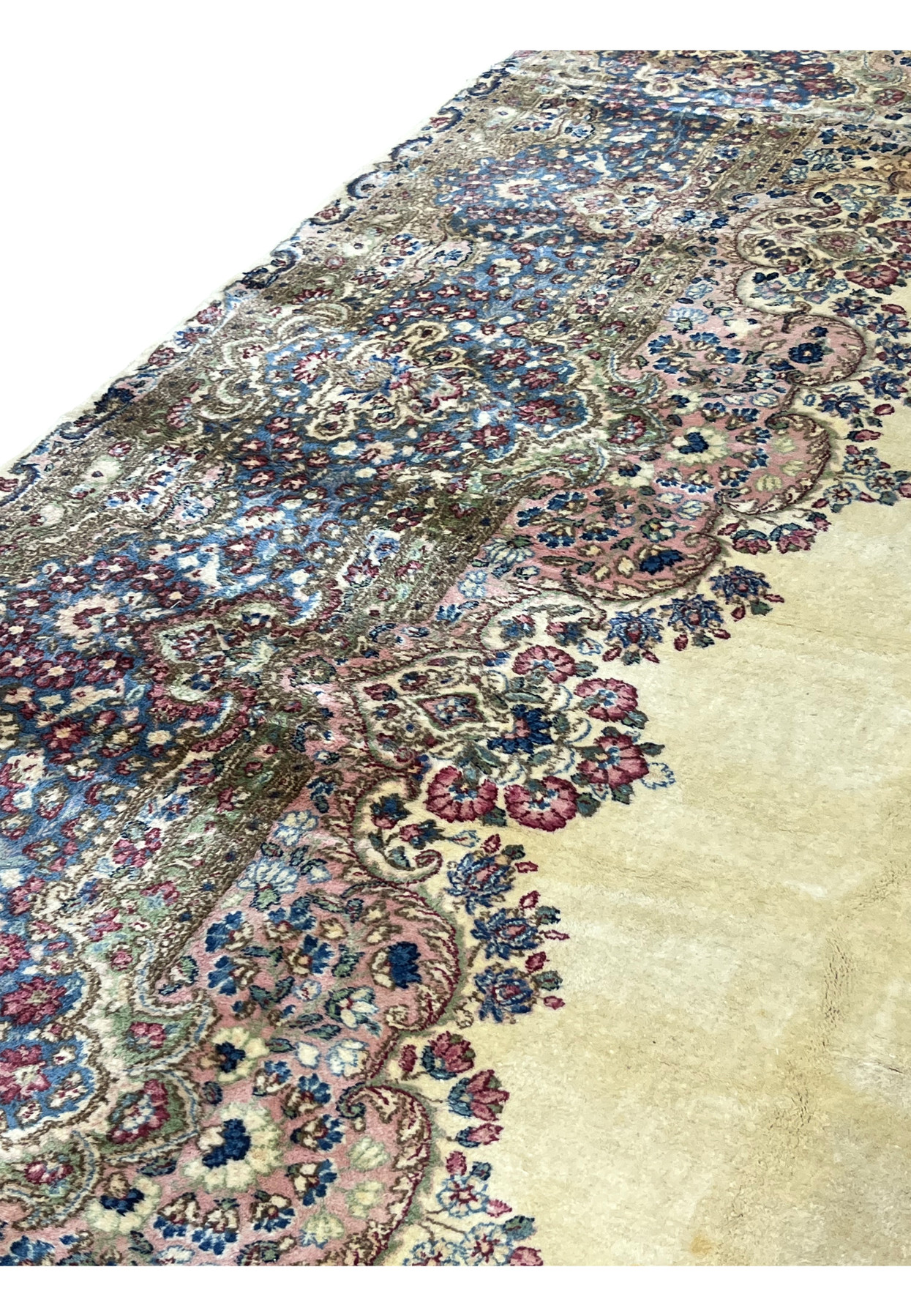 Border close-up of 12x19 Persian Kerman, dense floral cartouches in dusty rose and blue with pink secondary band