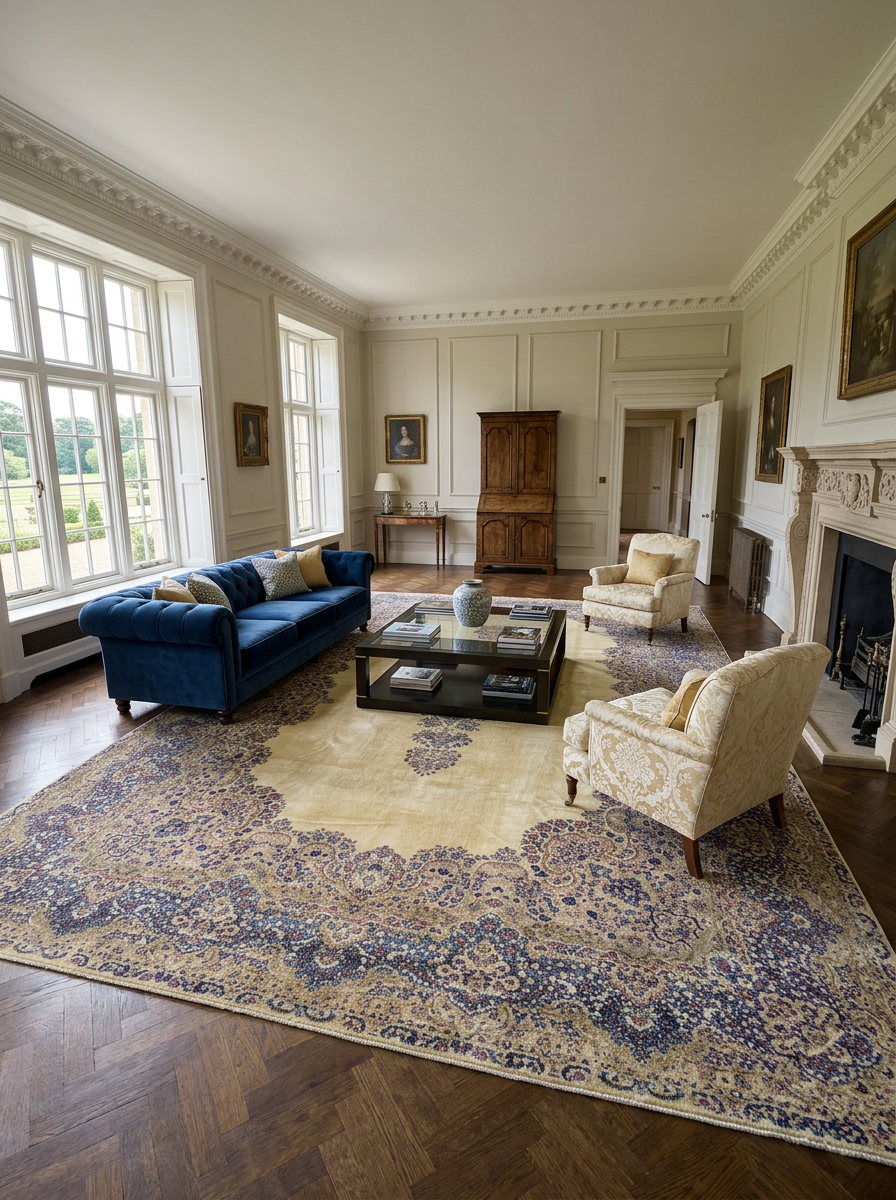 11'6 x 18'9 Oversize Persian Kerman Rug | Ivory Field Floral Medallion