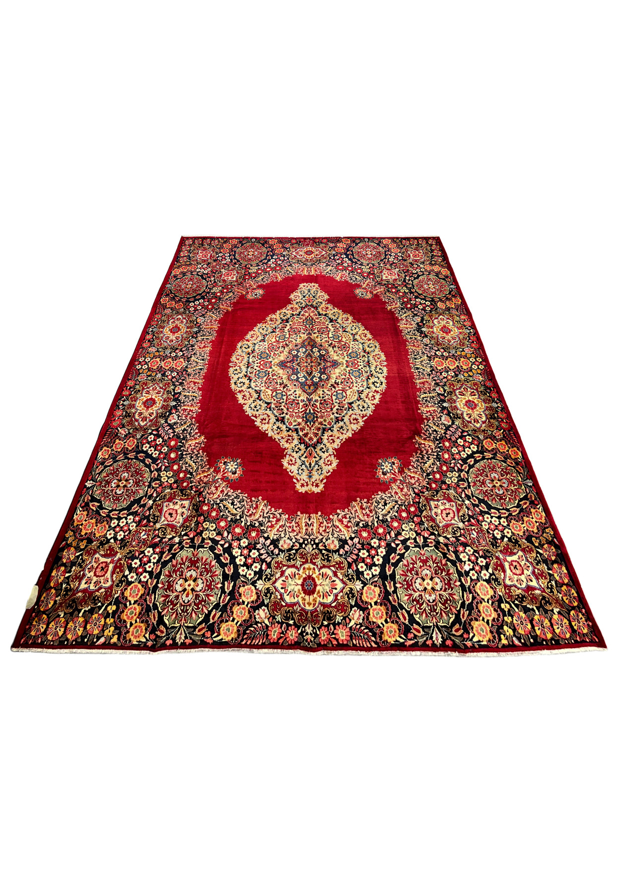 10x14 antique Persian Moud rug laid down, signed Goliabadi workshop, ivory medallion on deep red field, hand-knotted wool