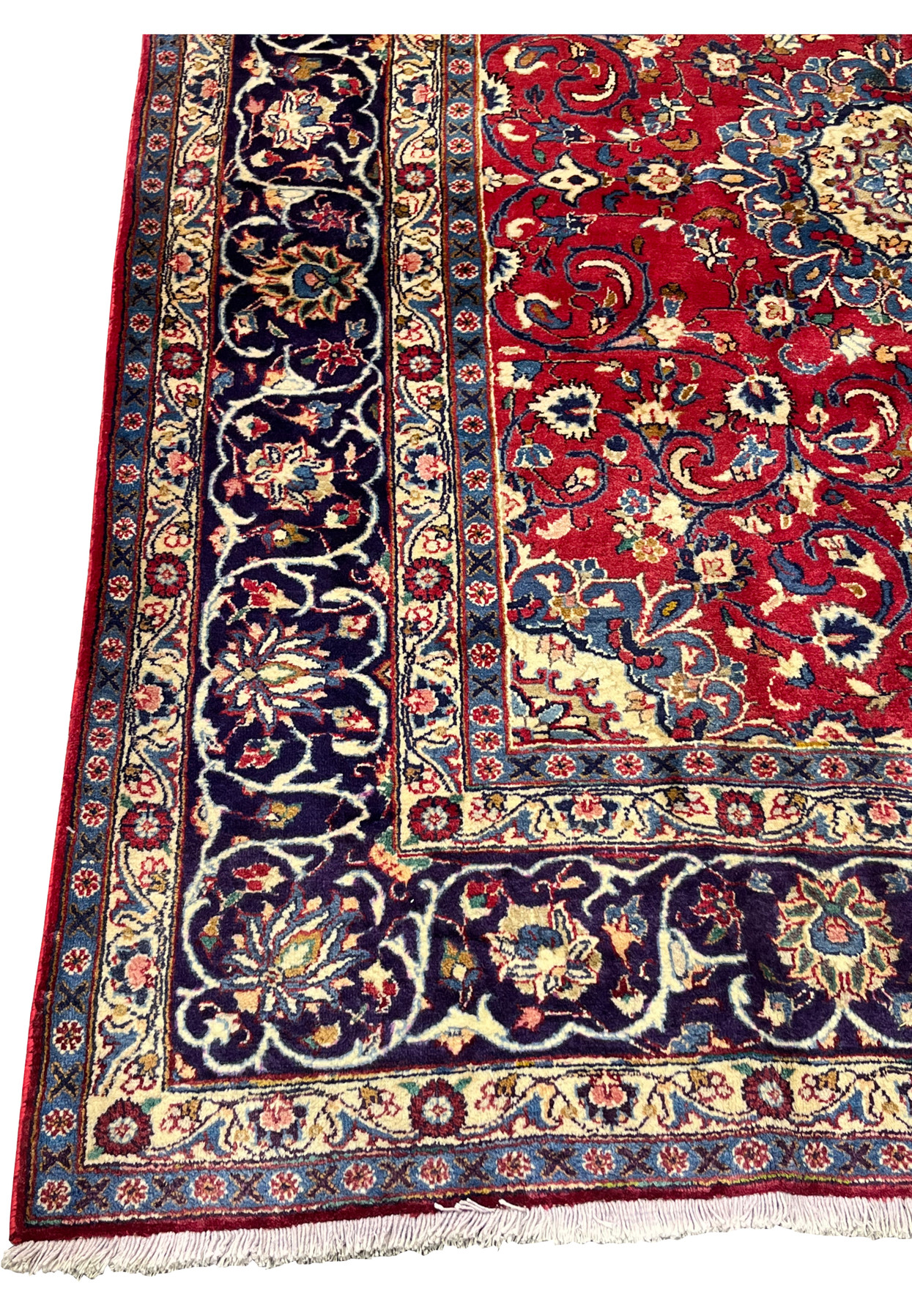 Navy main border of Persian Isfahan rug, ivory palmettes and vase motifs on indigo ground, fine 220 KPSI hand-knotted wool