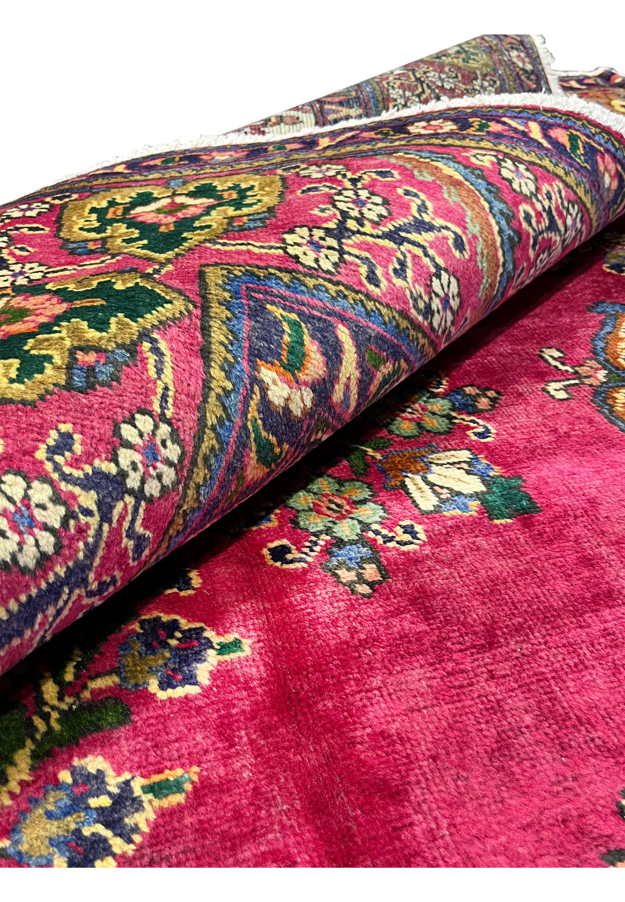 Rolled view Persian Kerman rug showing pile depth and back, 160 to 180 KPSI hand-knotted wool on cotton, never used