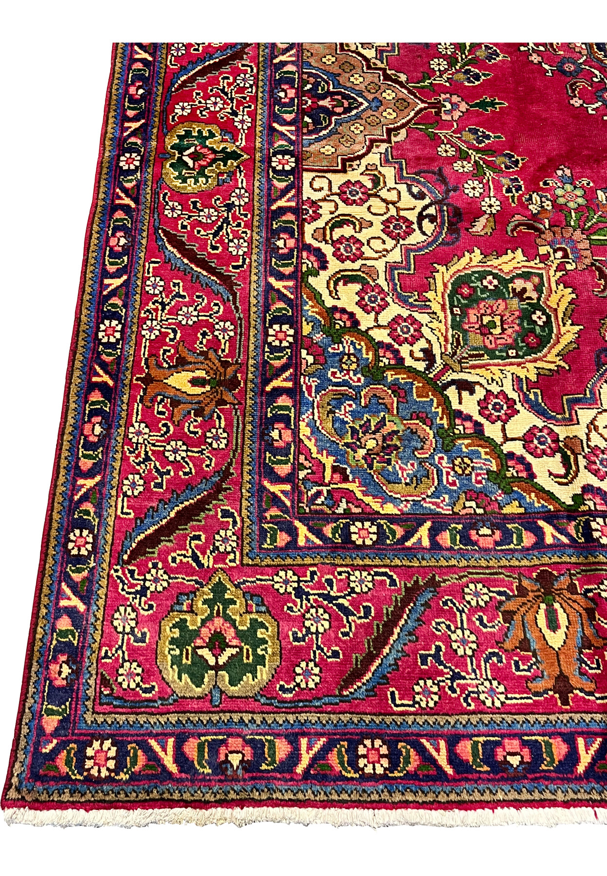 Magenta outer border Persian Kerman rug, palmettes and vase-of-flowers motifs, authentic hand-knotted wool workshop drawing