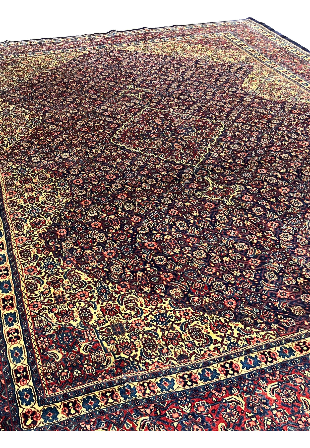 Angled corner view of 10x15 Persian Sarough rug, navy field with boteh and dense lattice, never used handmade for formal living room