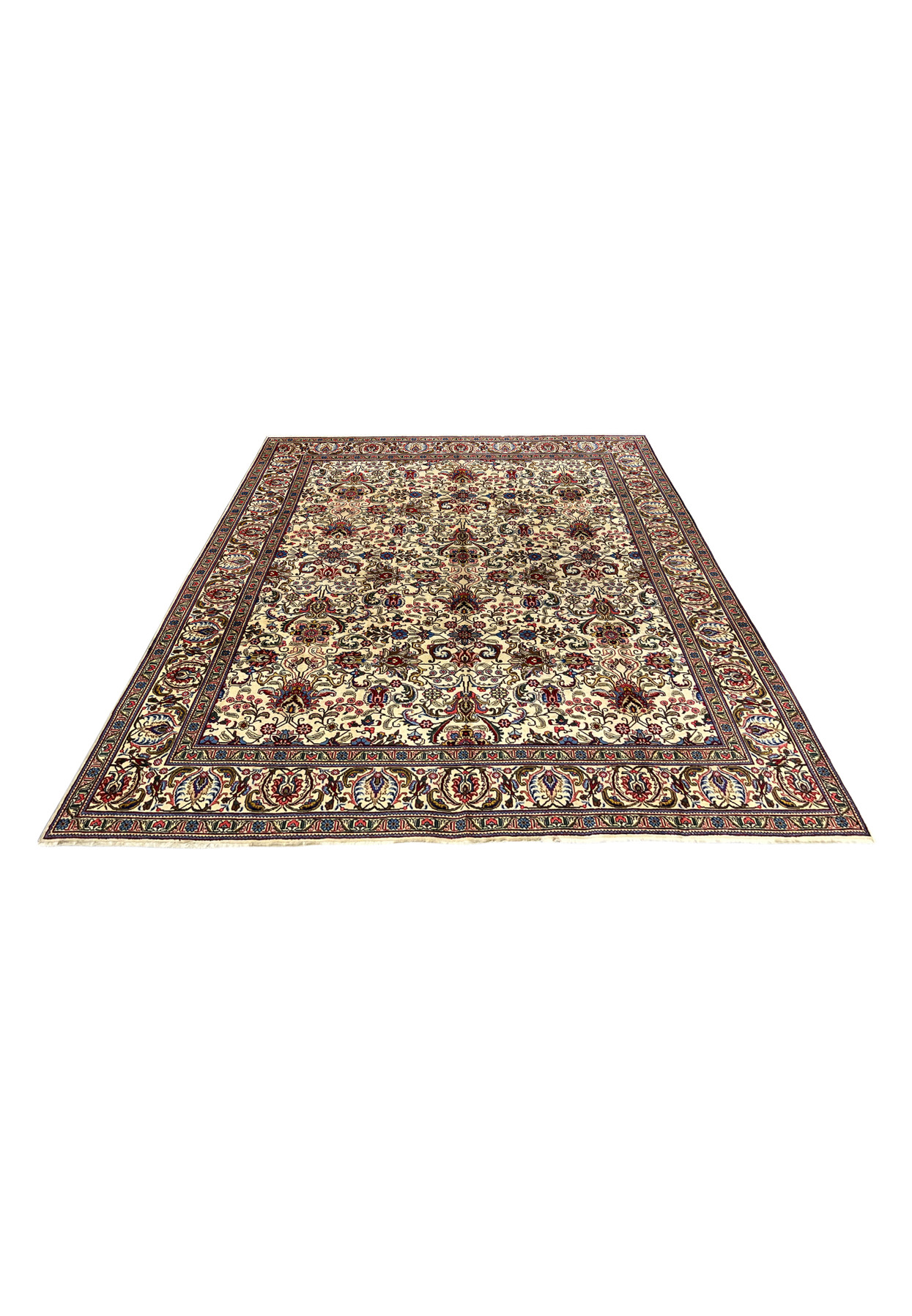 Persian Tabriz rug laid down, oversize hand-knotted wool on cotton, ivory allover floral for large dining room