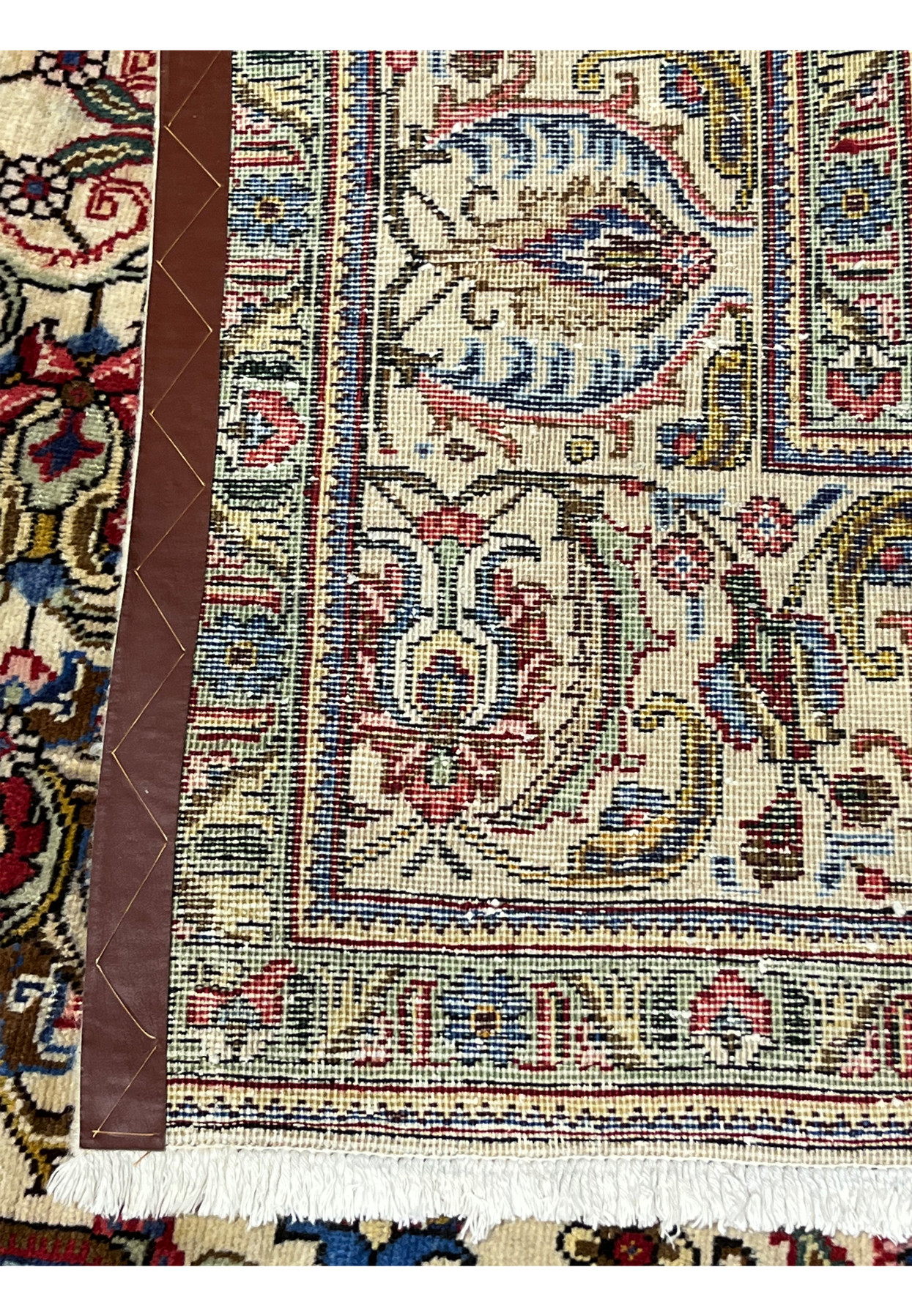 Backside of Persian Tabriz rug, tightly woven cotton foundation and fine knot detail, authentic 240 to 260 KPSI handmade workshop quality