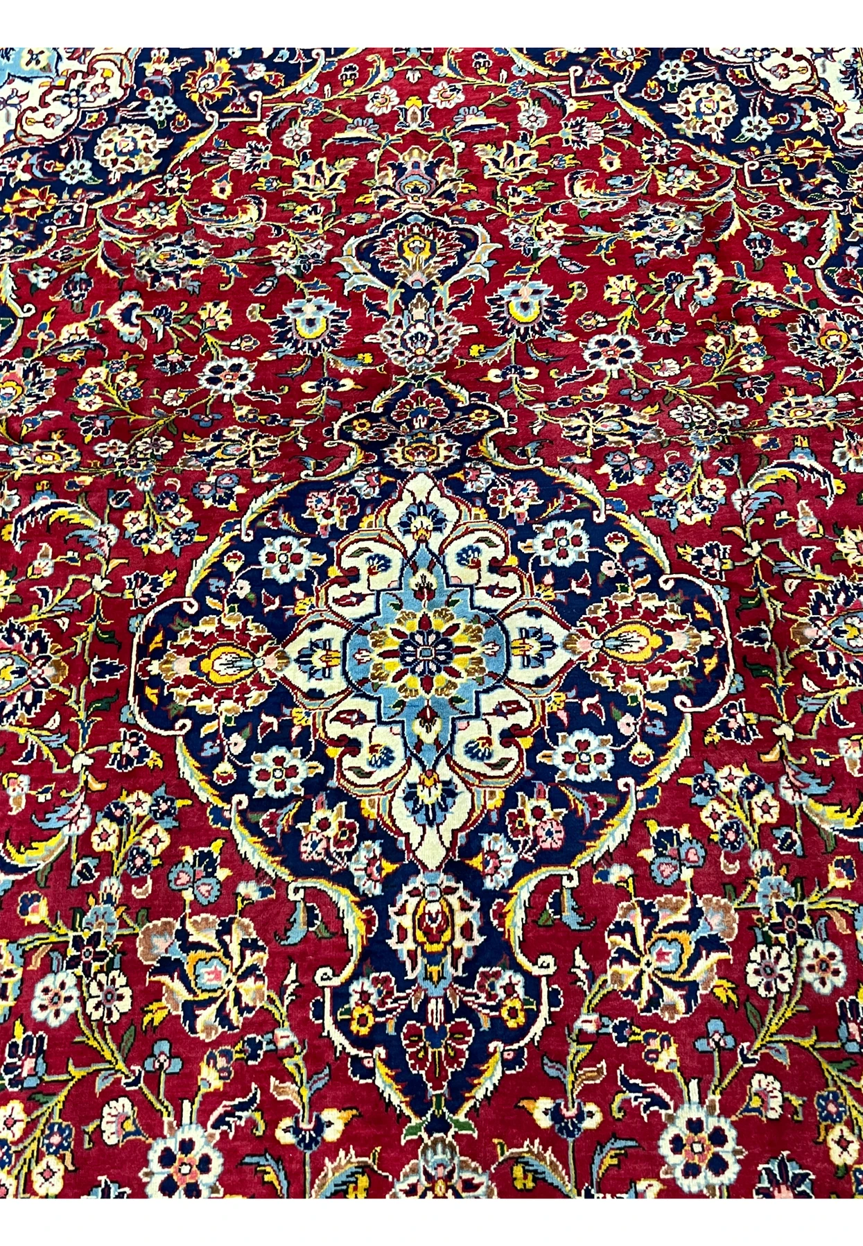 Medallion detail Persian Kashan rug, navy ground with ivory and sky blue palmette drawing, fine 200 KPSI hand-knotted wool