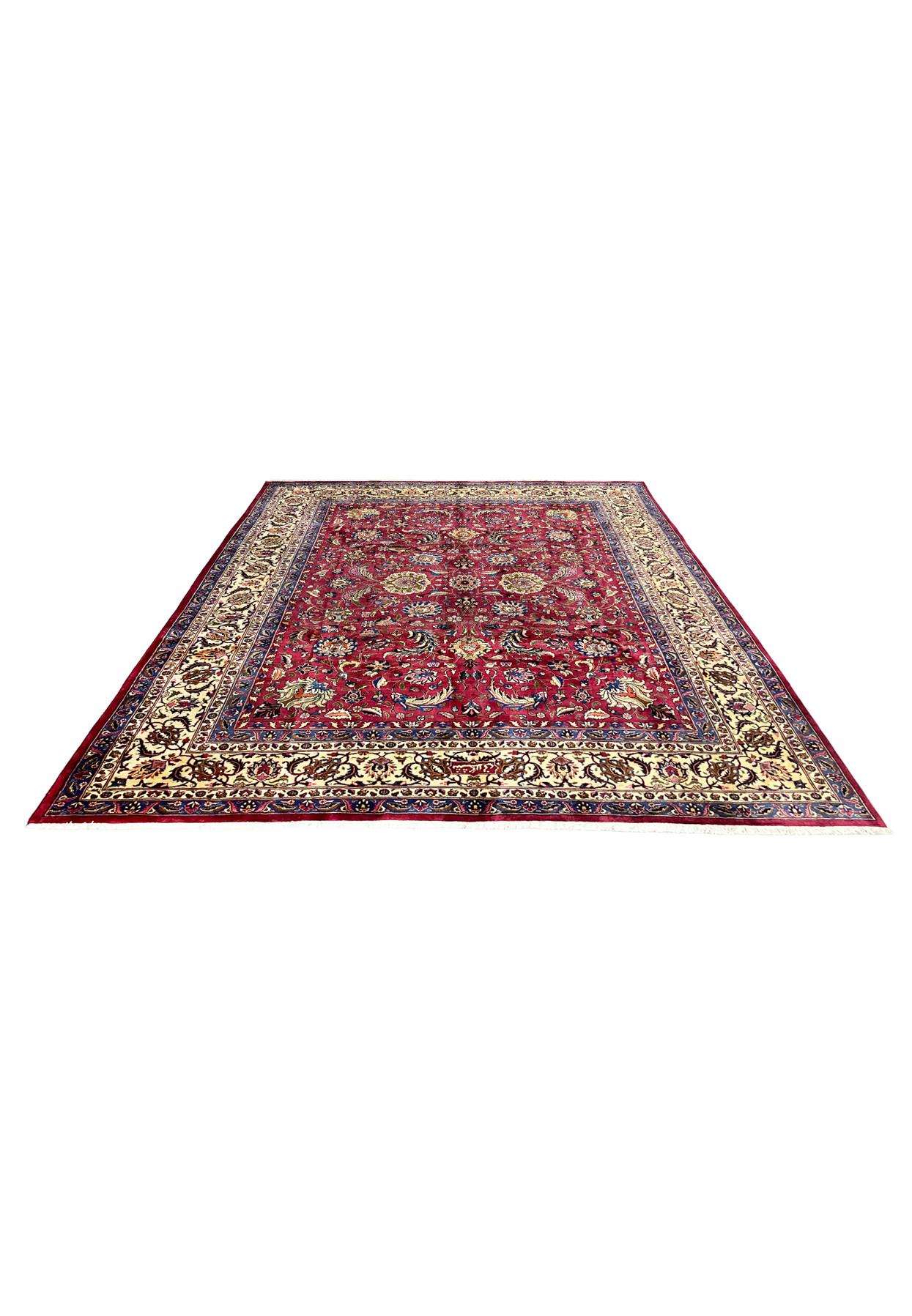 10x13 Persian Mashad rug laid down, signed Shash-Kalani, deep red allover floral with gold palmette border, authentic handmade