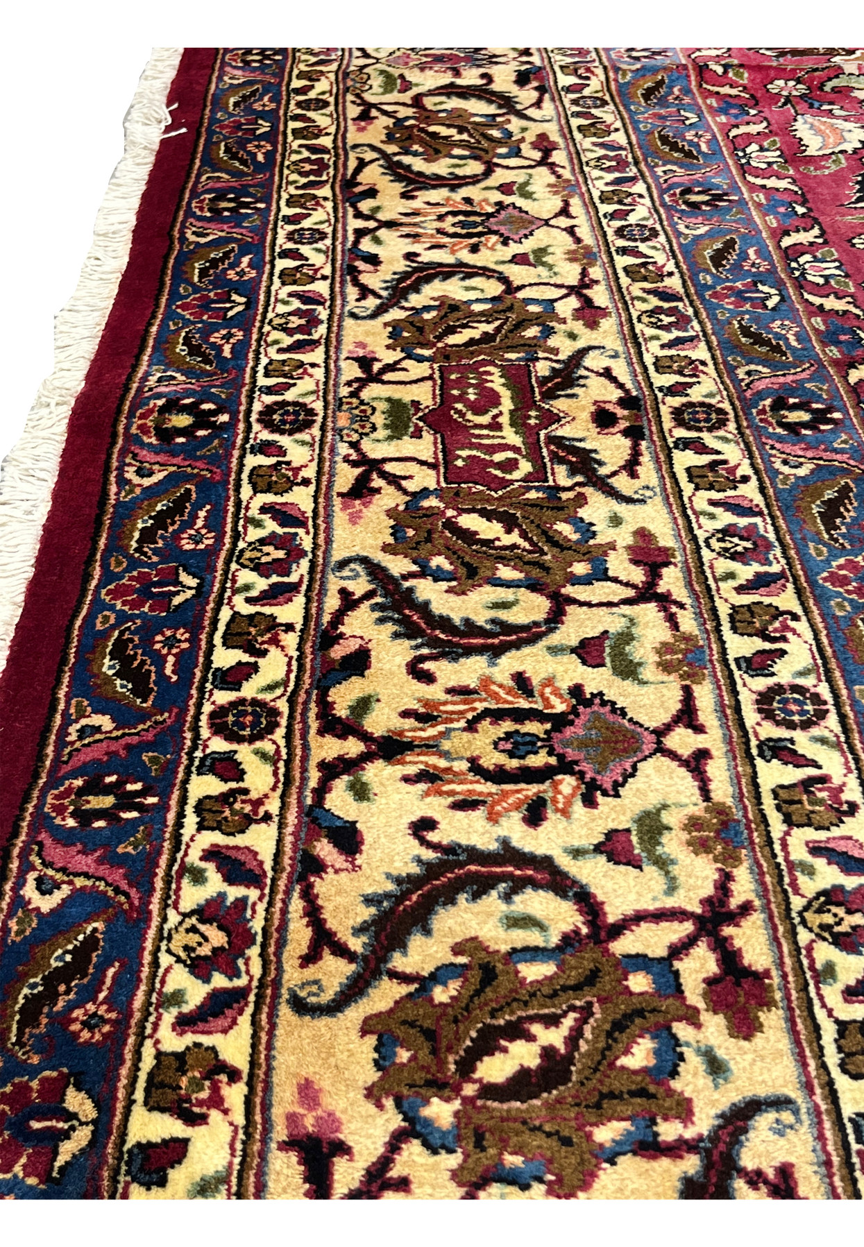 Signed border side view Persian Mashad rug, gold main border with palmette repeat and Shash-Kalani signature, never used handmade
