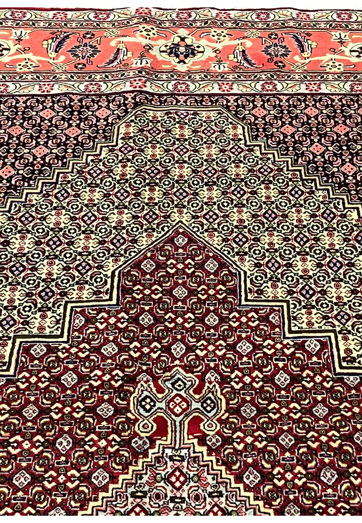 Upper part Persian Senneh rug, stepped medallion meeting coral palmette border, authentic Kurdish workshop production