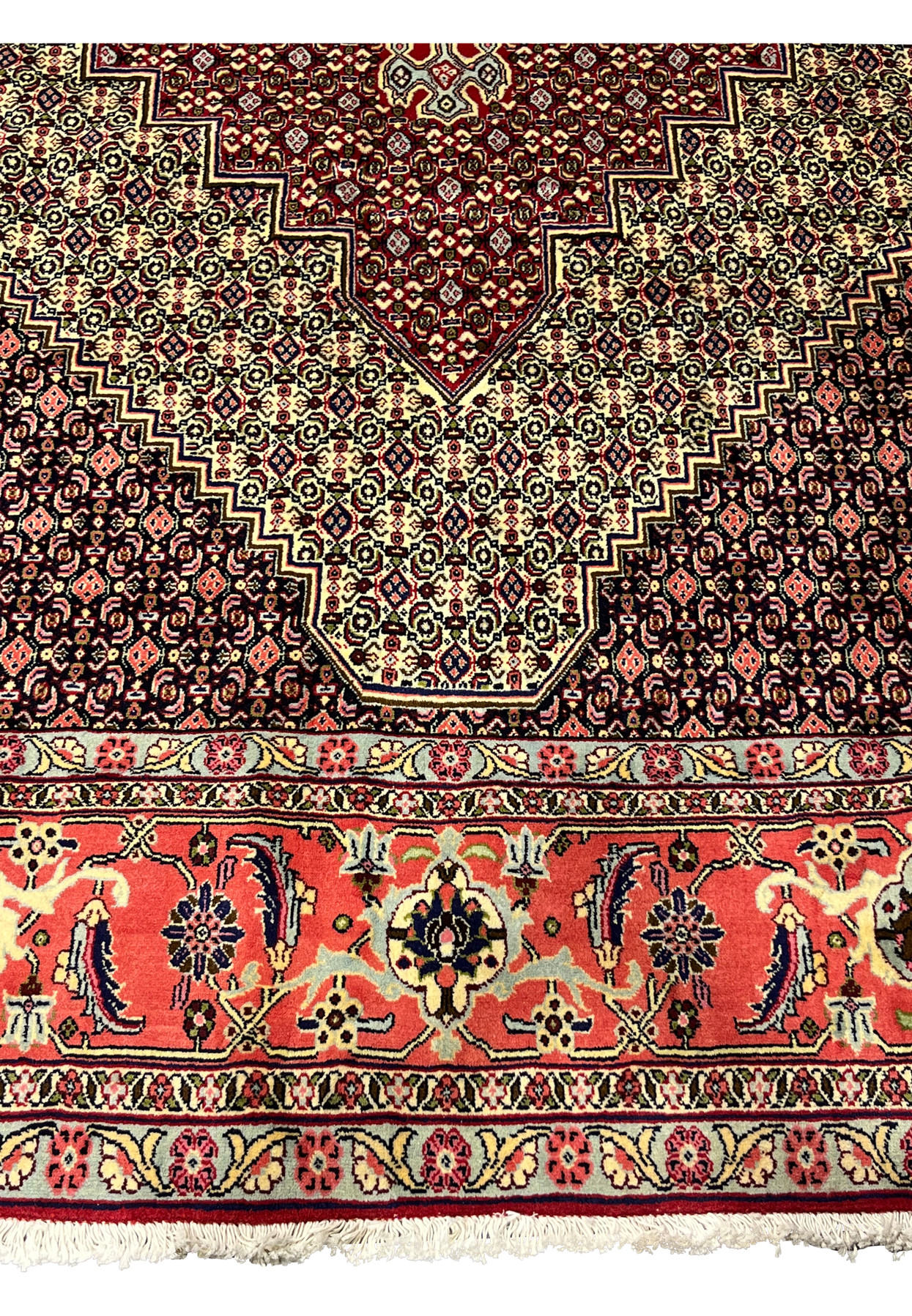 Lower border detail Persian Senneh rug, herati corner spandrel meeting salmon coral palmette border, fine Kurdish drawing