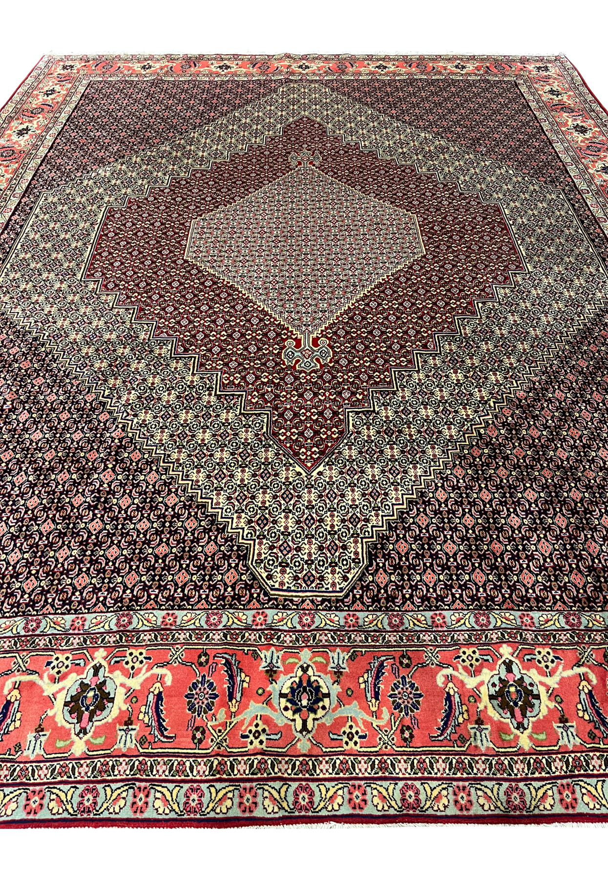 Midfield Persian Senneh rug, nested stepped diamond medallions with herati pattern, fine 320 KPSI hand-knotted wool on cotton