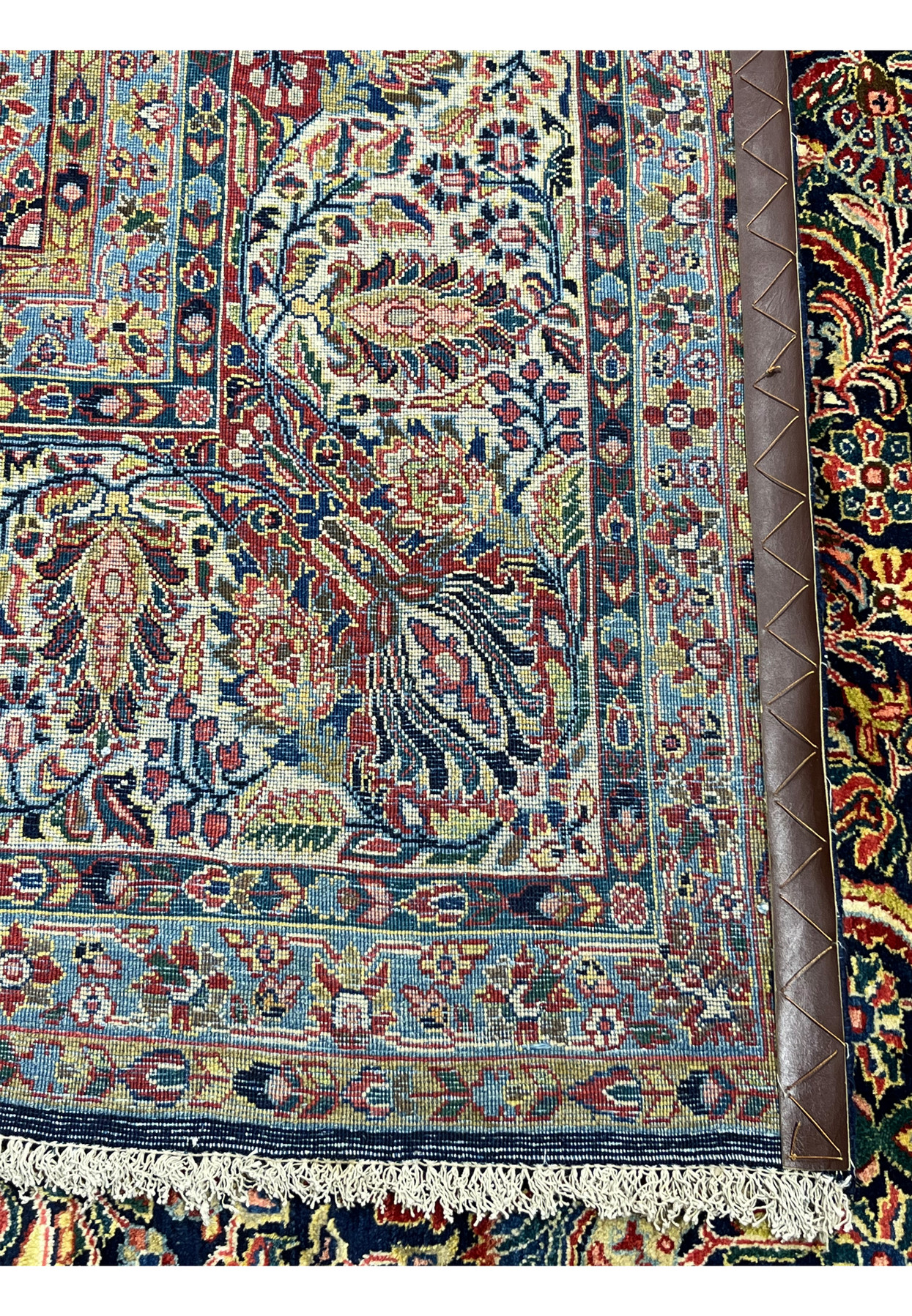 Backside of authentic hand-knotted Persian Sarough rug showing tight cotton foundation and even knotting throughout