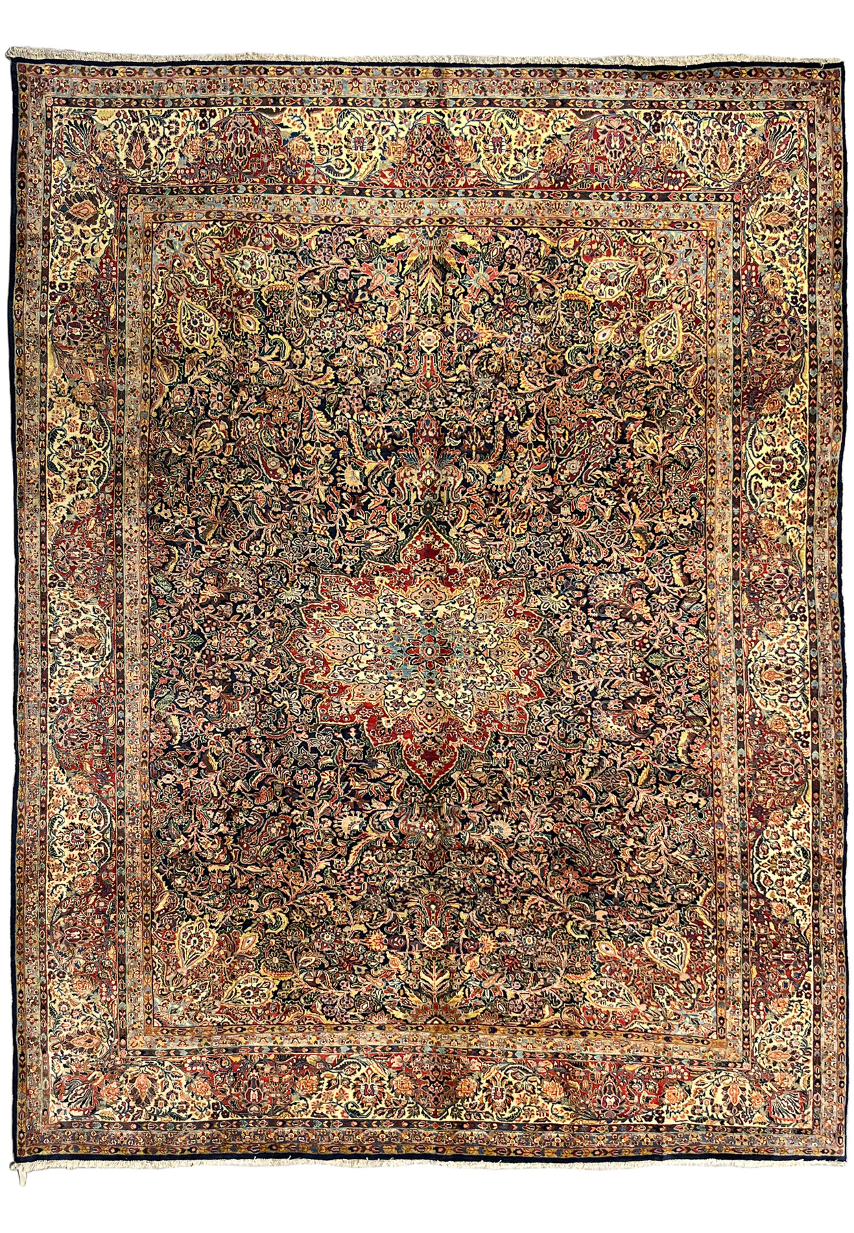 10'6 by 13'5 antique Persian Sarough rug full view, navy field with ivory medallion and crimson centerpiece