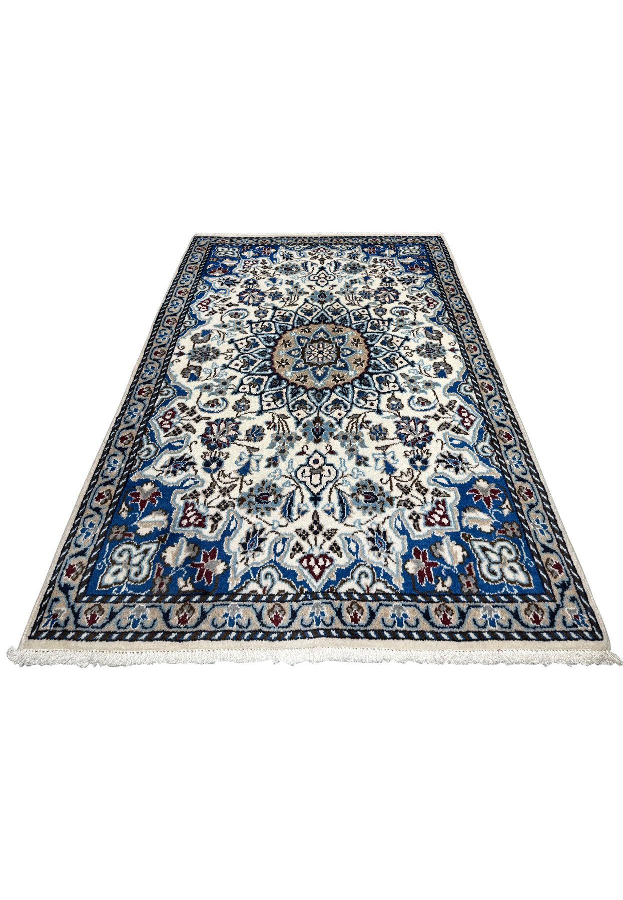 3 by 4 Persian Nain rug laid down on floor, ivory field with royal blue border and camel medallion