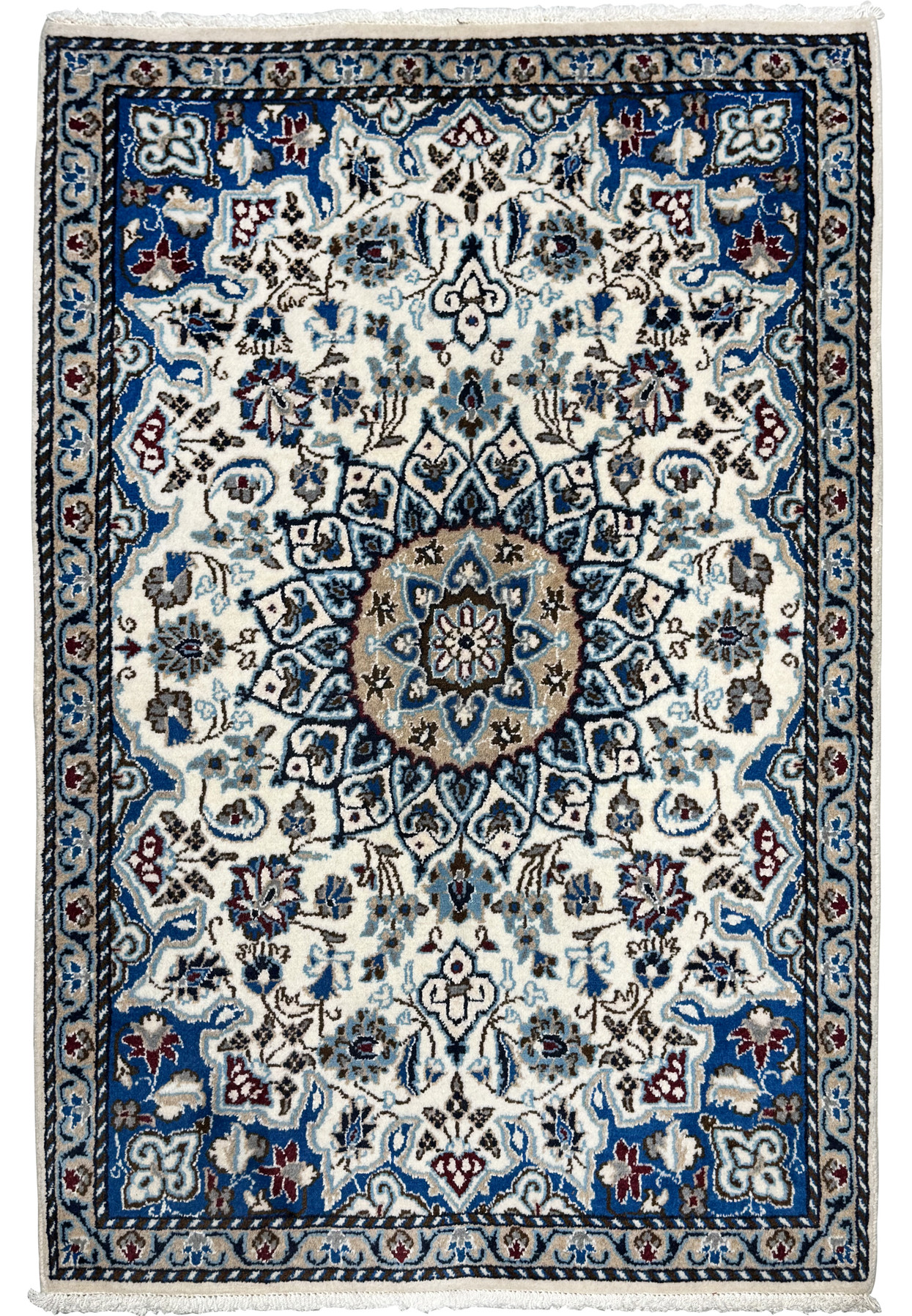 3x4 hand-knotted Persian Nain rug full view, classic ivory and royal blue with sunburst medallion design