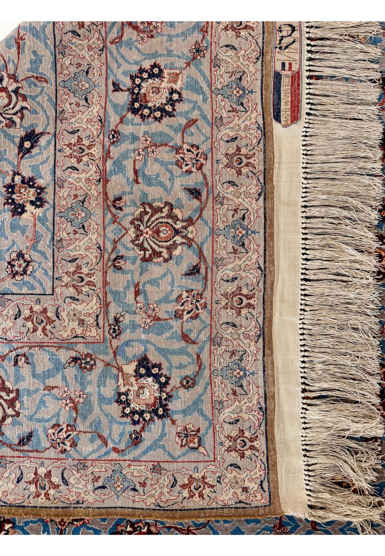 Backside of fine 600 KPSI Persian Isfahan rug, silk foundation with ultra dense knotting visible throughout