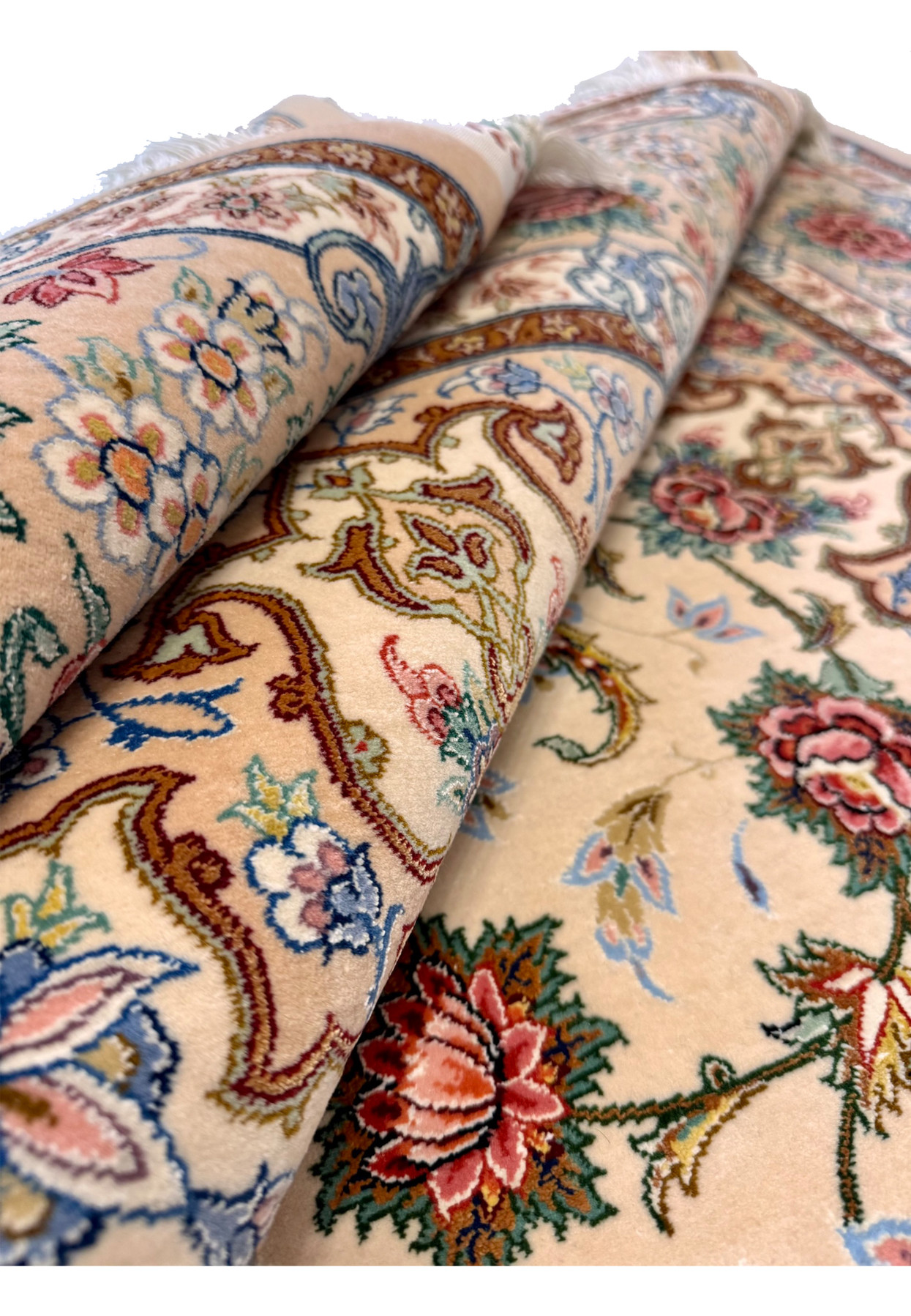 Rolled view of authentic Persian Isfahan rug by Master Habib, full kork pile and silk highlights along the roll