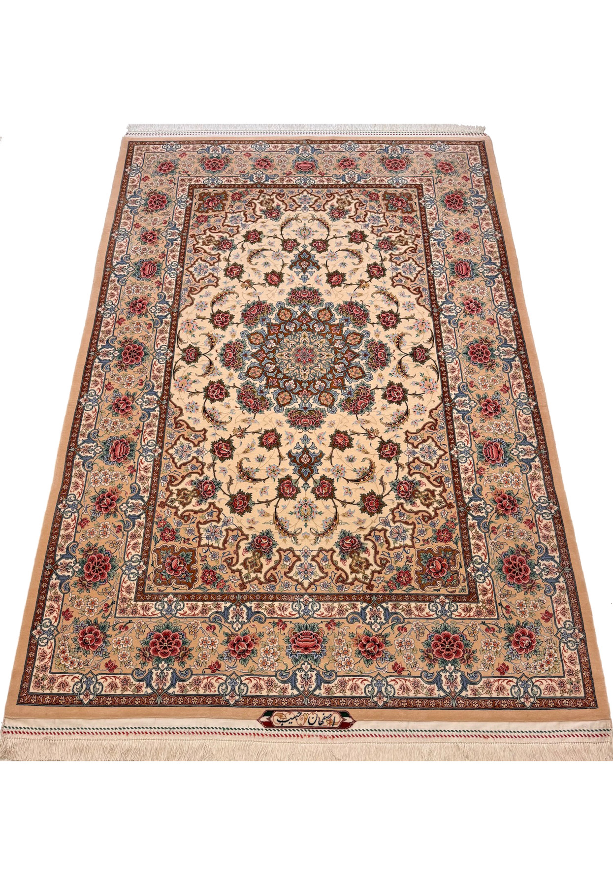 Master Habib signed Persian Isfahan rug laid down, ivory and peach palette with rose garden border