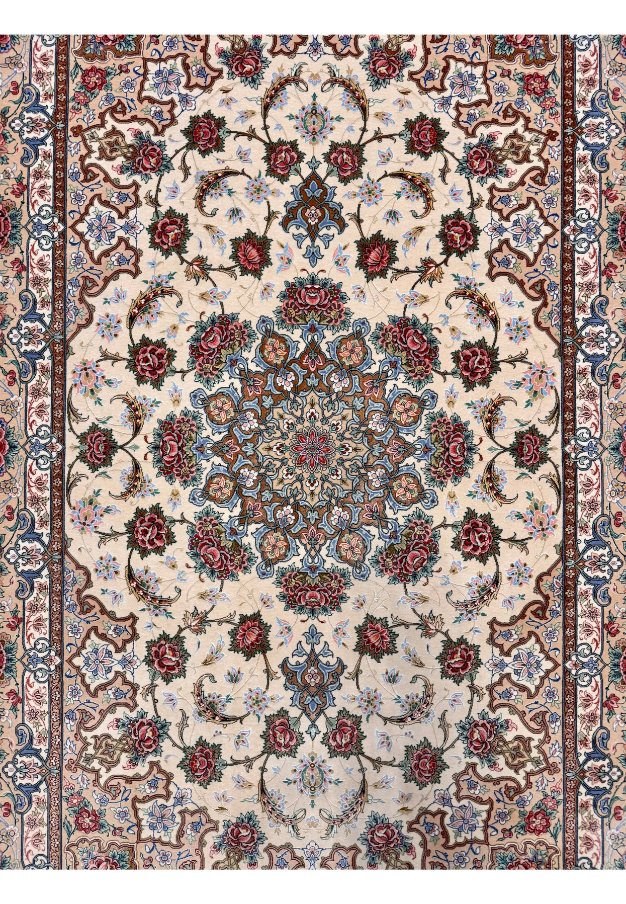 Midfield detail of authentic Persian Isfahan rug by Habib, ivory ground with paired rose bouquets and palmettes