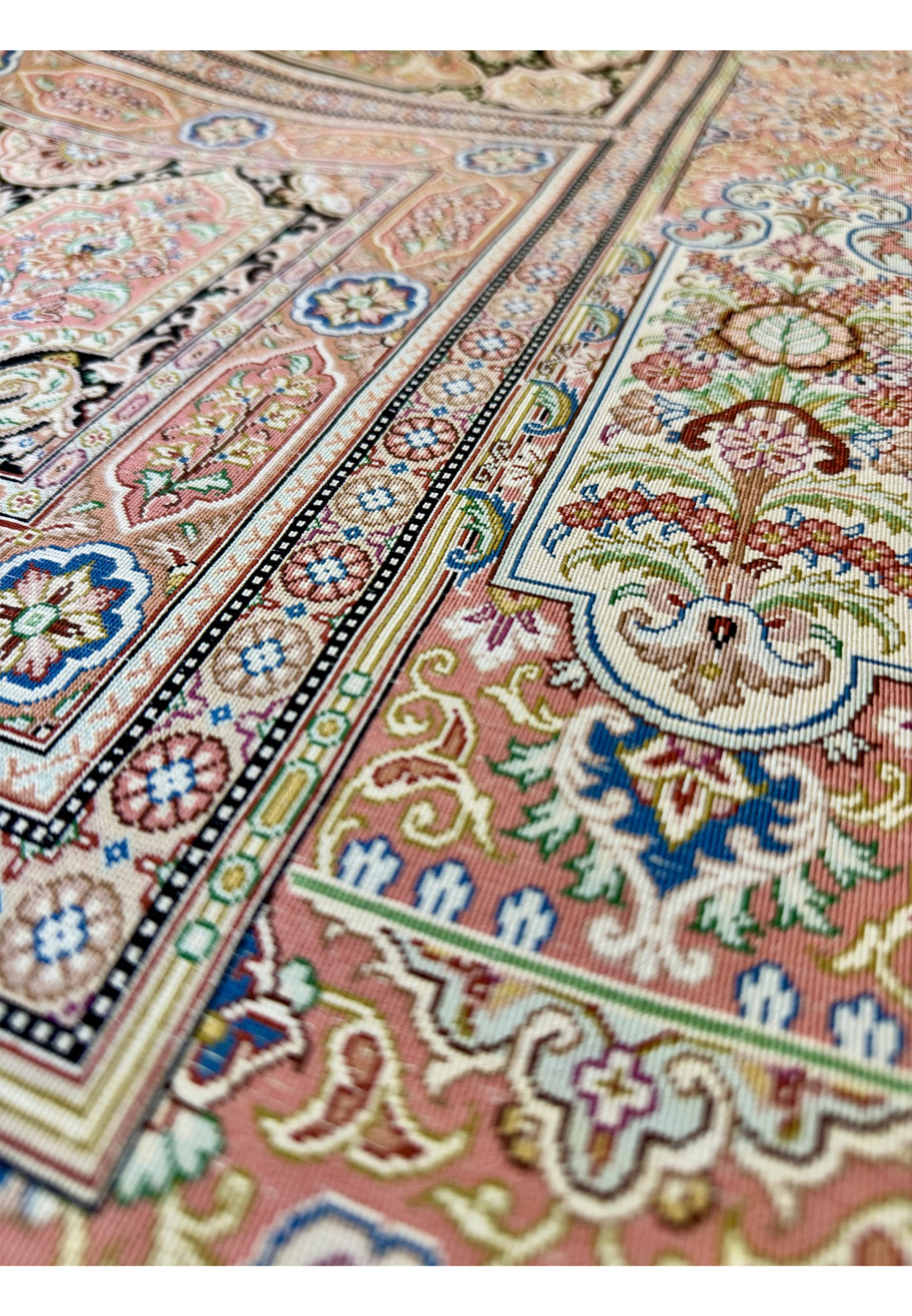 Backside of signed Qum silk rug by Kashizadeh, full silk foundation showing approximately 1000 KPSI density