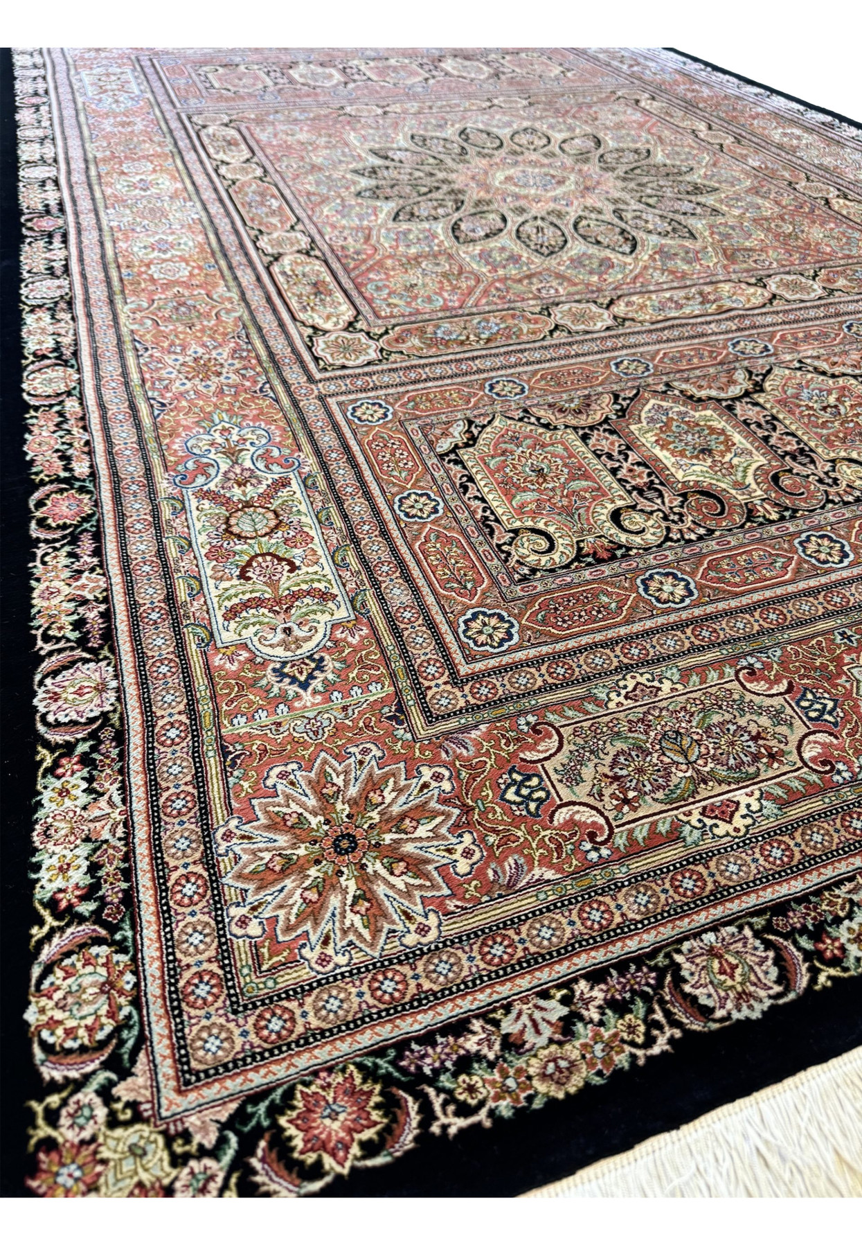 Pile close-up of pure silk Qum rug by Kashizadeh, lustrous silk knots in terracotta ivory and sage
