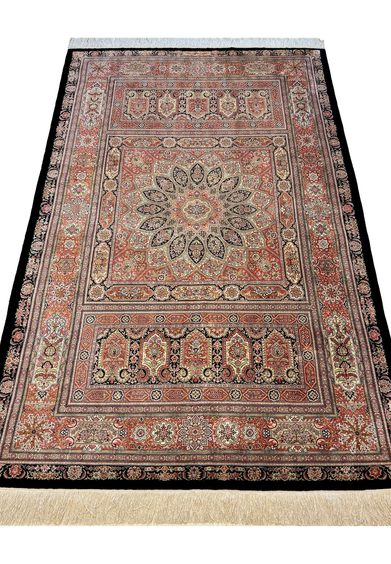 Master Hossein Kashizadeh signed Persian Qum silk rug laid down, black field with terracotta and ivory dome medallion