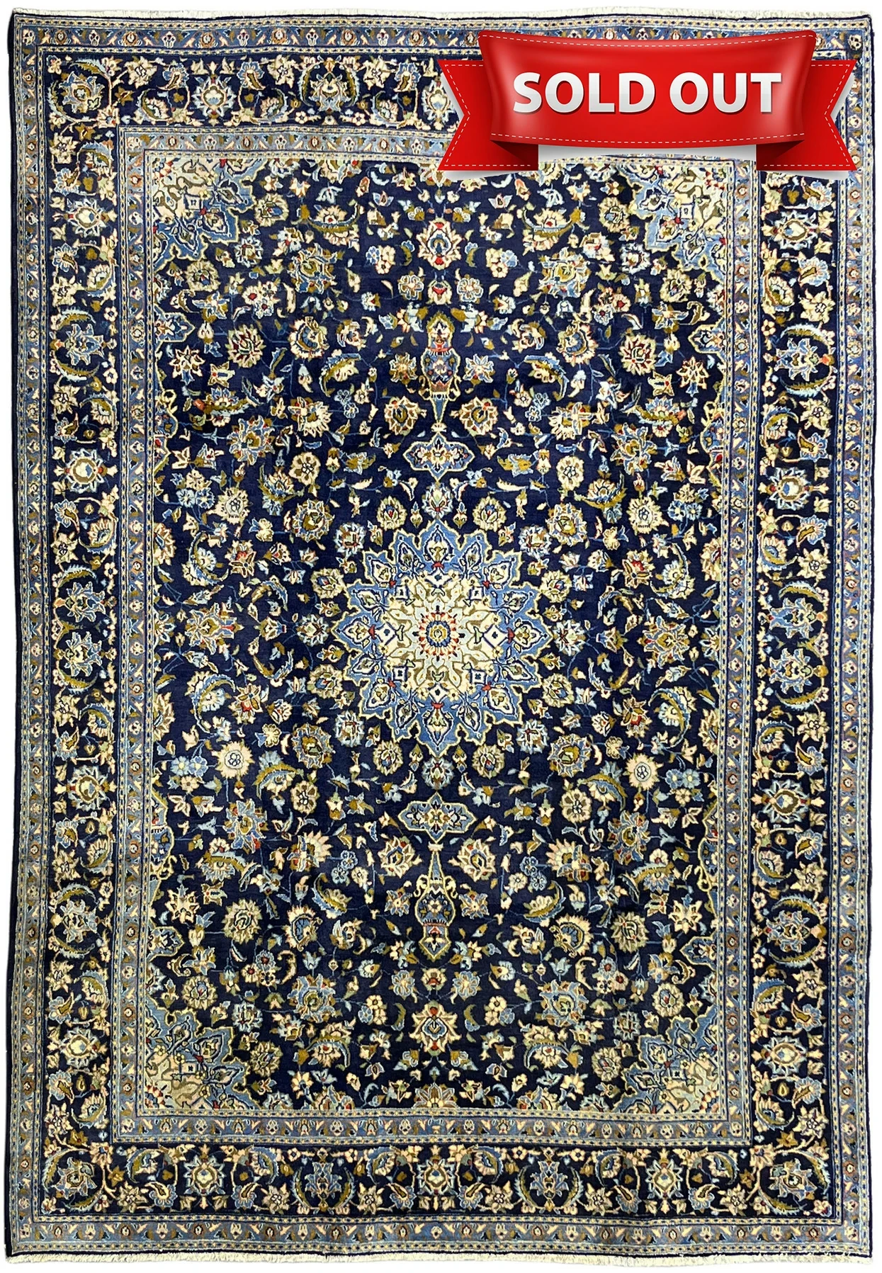Full view of 8x11 navy Persian Kashan rug with ivory medallion and multilayered floral border