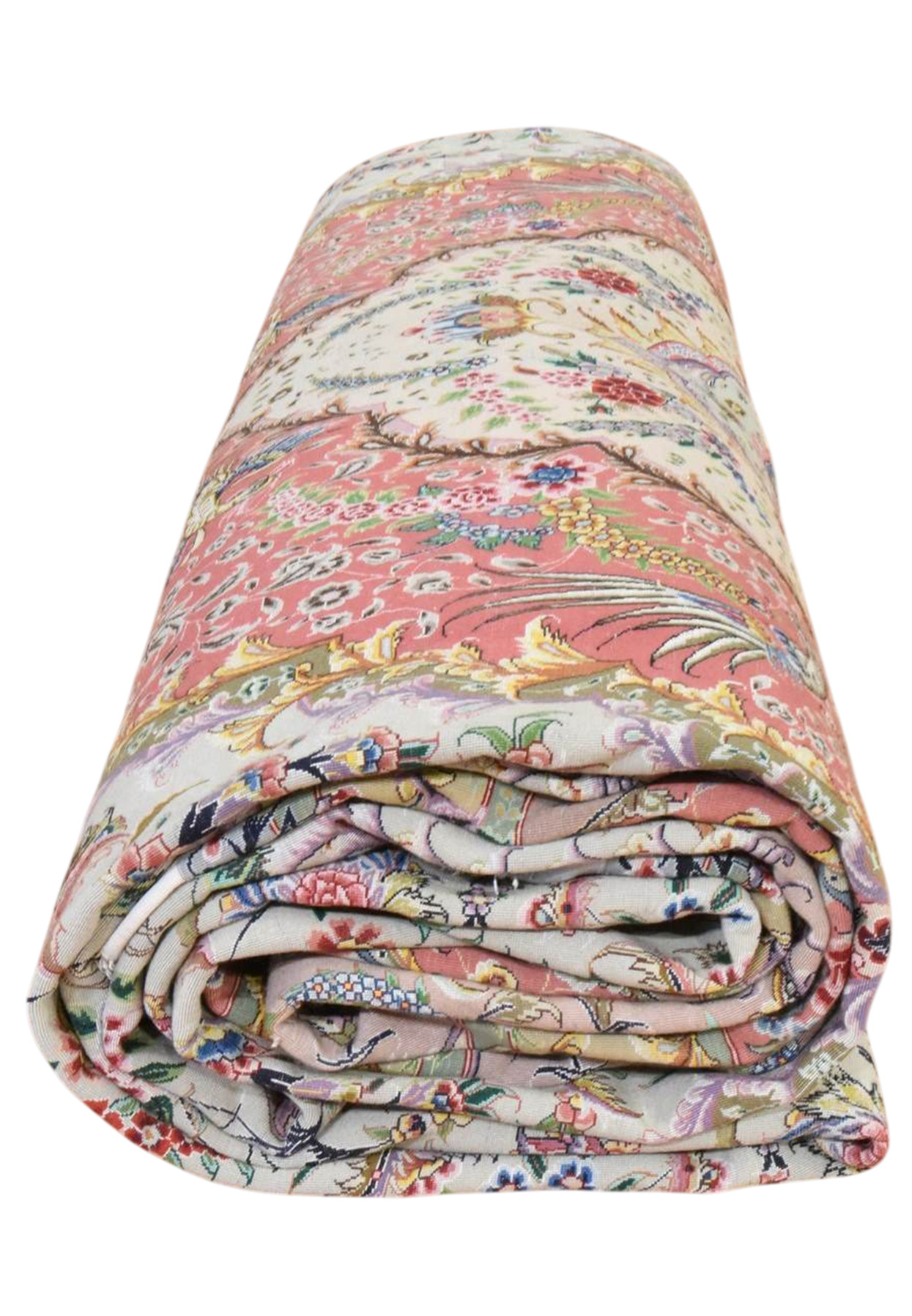13x20 Persian Tabriz rug rolled, showing the chiffon-white field and fine wool and silk pile