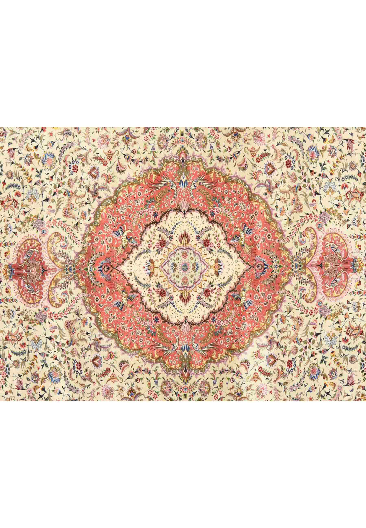 Center medallion detail of Persian Tabriz rug with paired birds and fine arabesques on rose ground