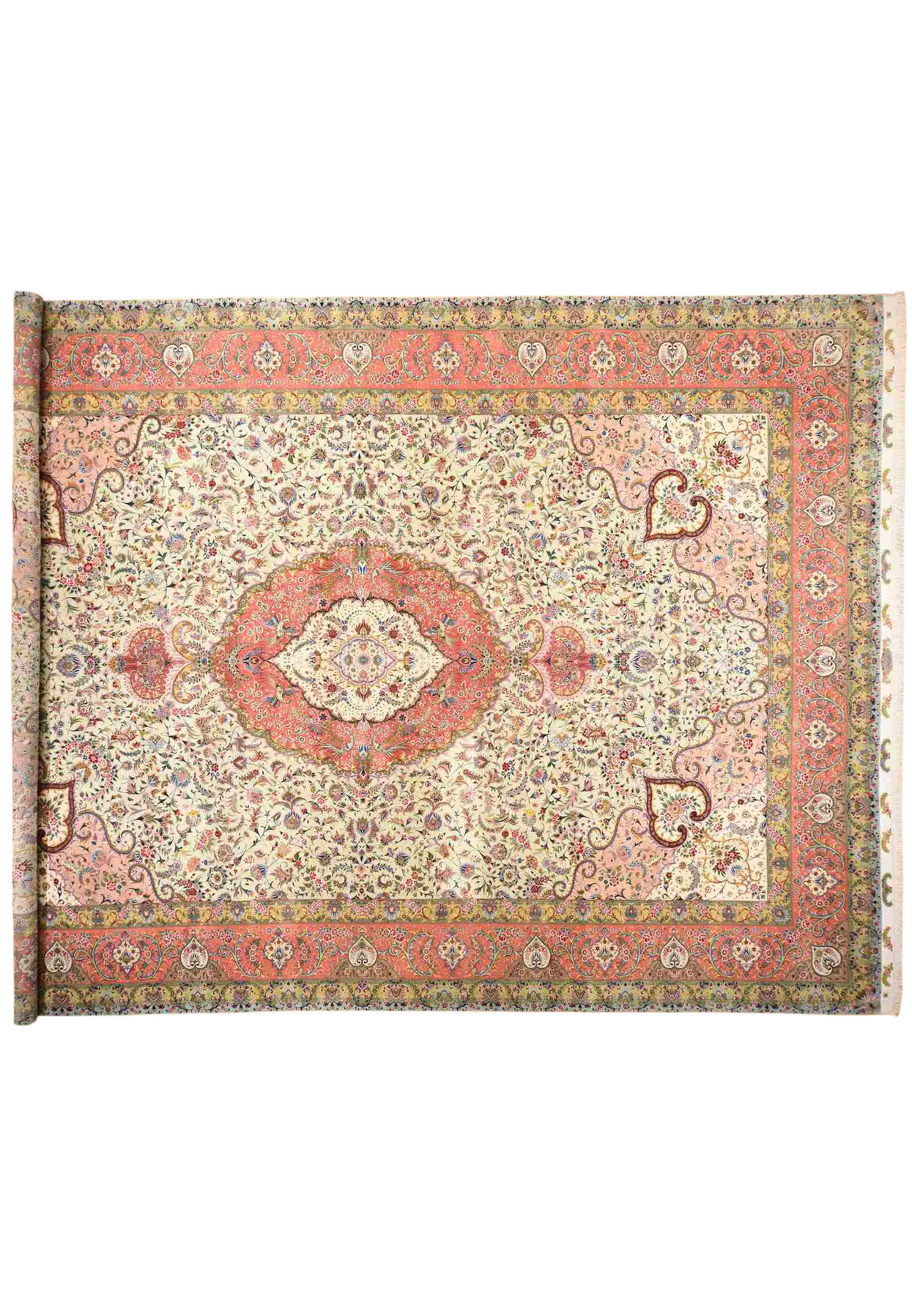 Top view of signed Persian Tabriz rug with rose and ivory medallion on a chiffon-white field