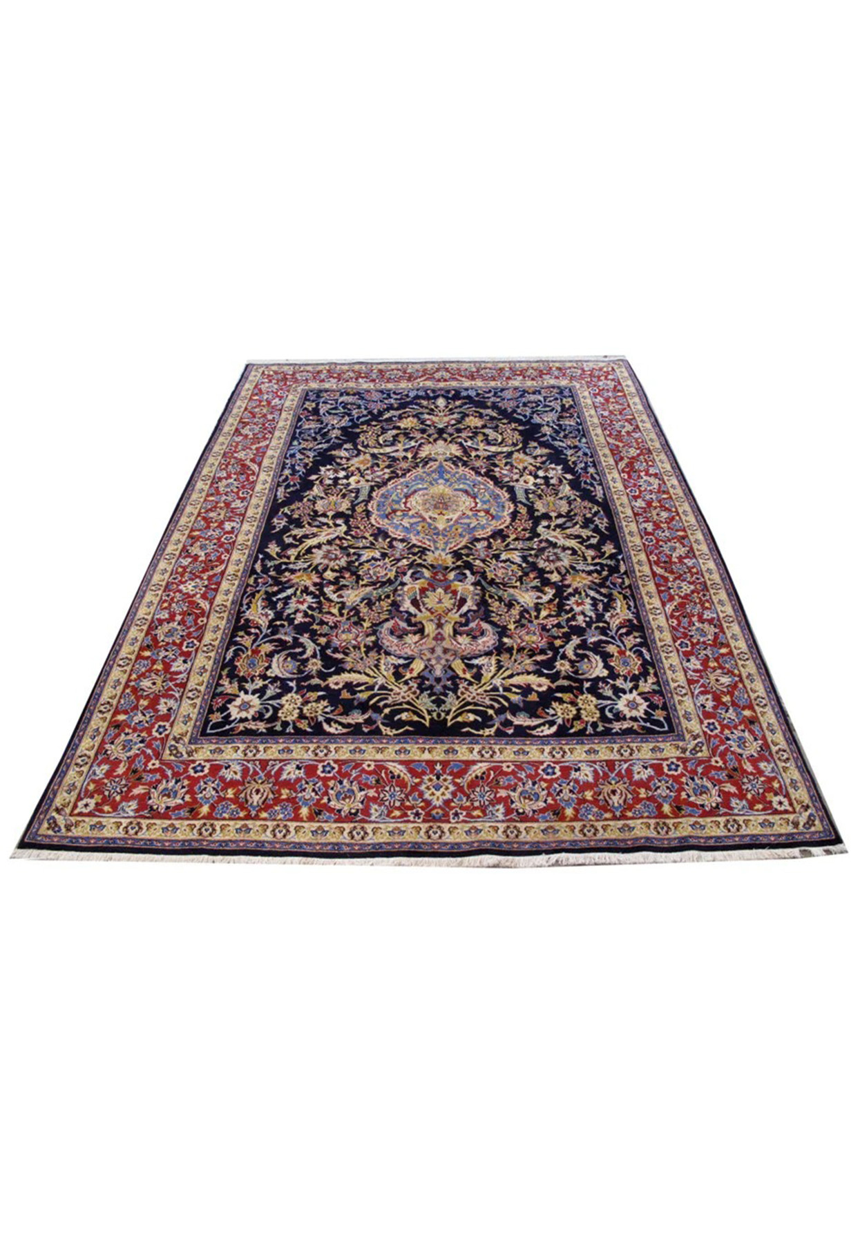Persian Isfahan rug laid down, navy field with sky-blue medallion and red floral border