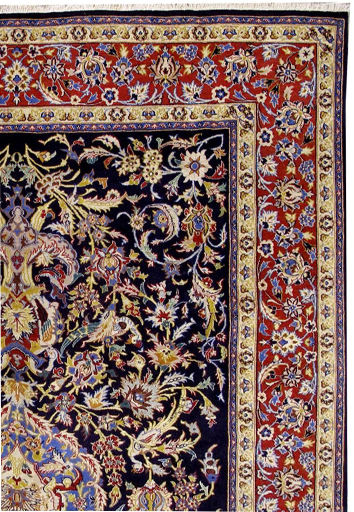 Border detail of Persian Isfahan wool and silk rug, red ground with blue and ivory florals