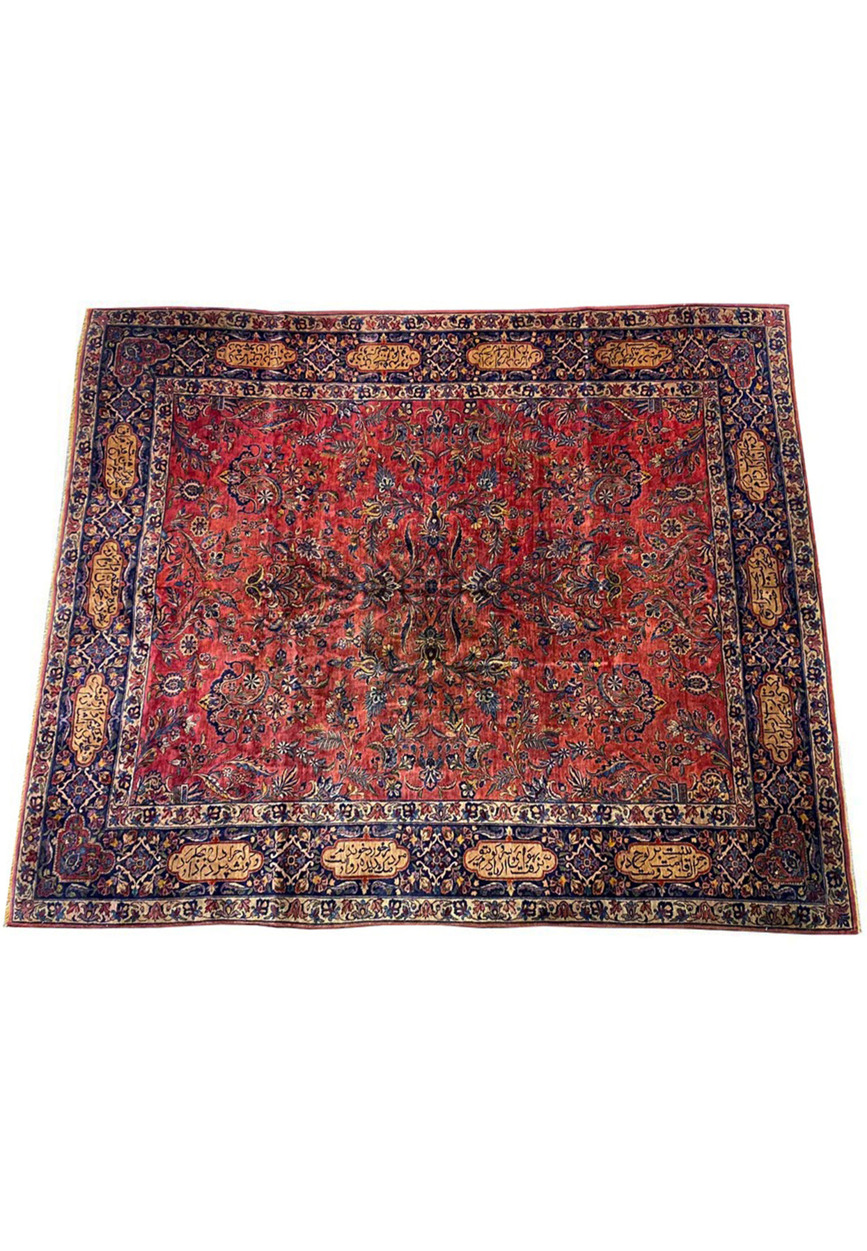 Top view of antique Persian Sarough poetry rug, raspberry-red field with woven verse border