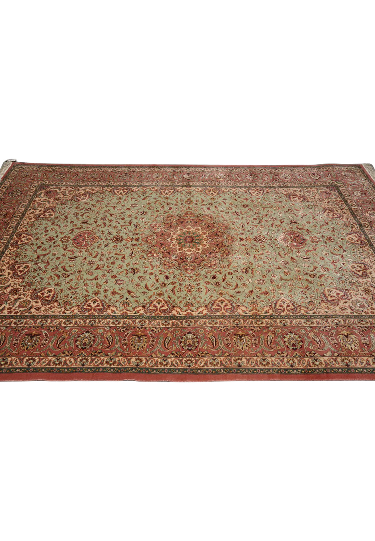 Top view of Persian Isfahan rug, sage-green field with rose star medallion and terracotta border