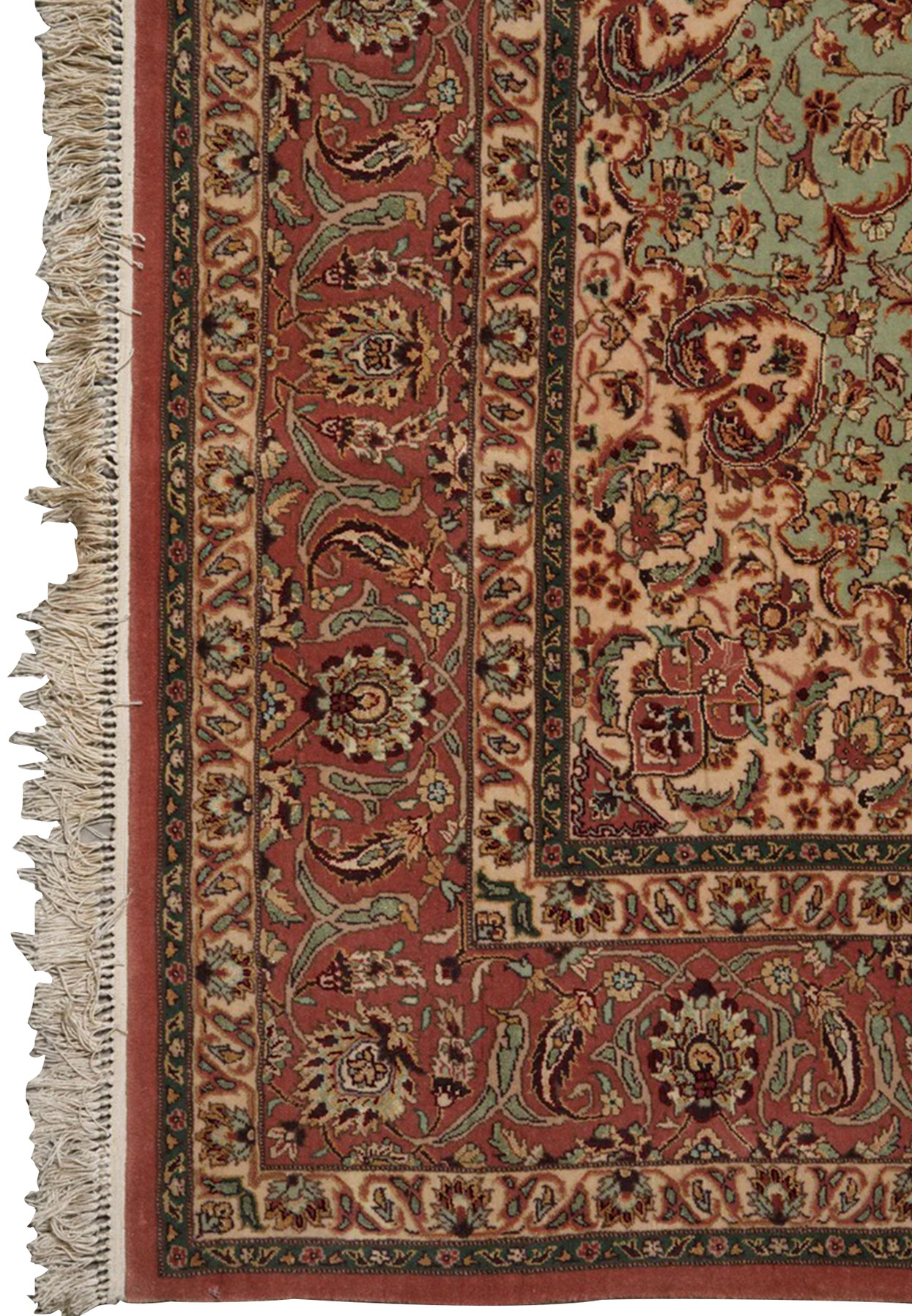 Border of Persian Isfahan rug, terracotta band of palmettes framed by green guard vines