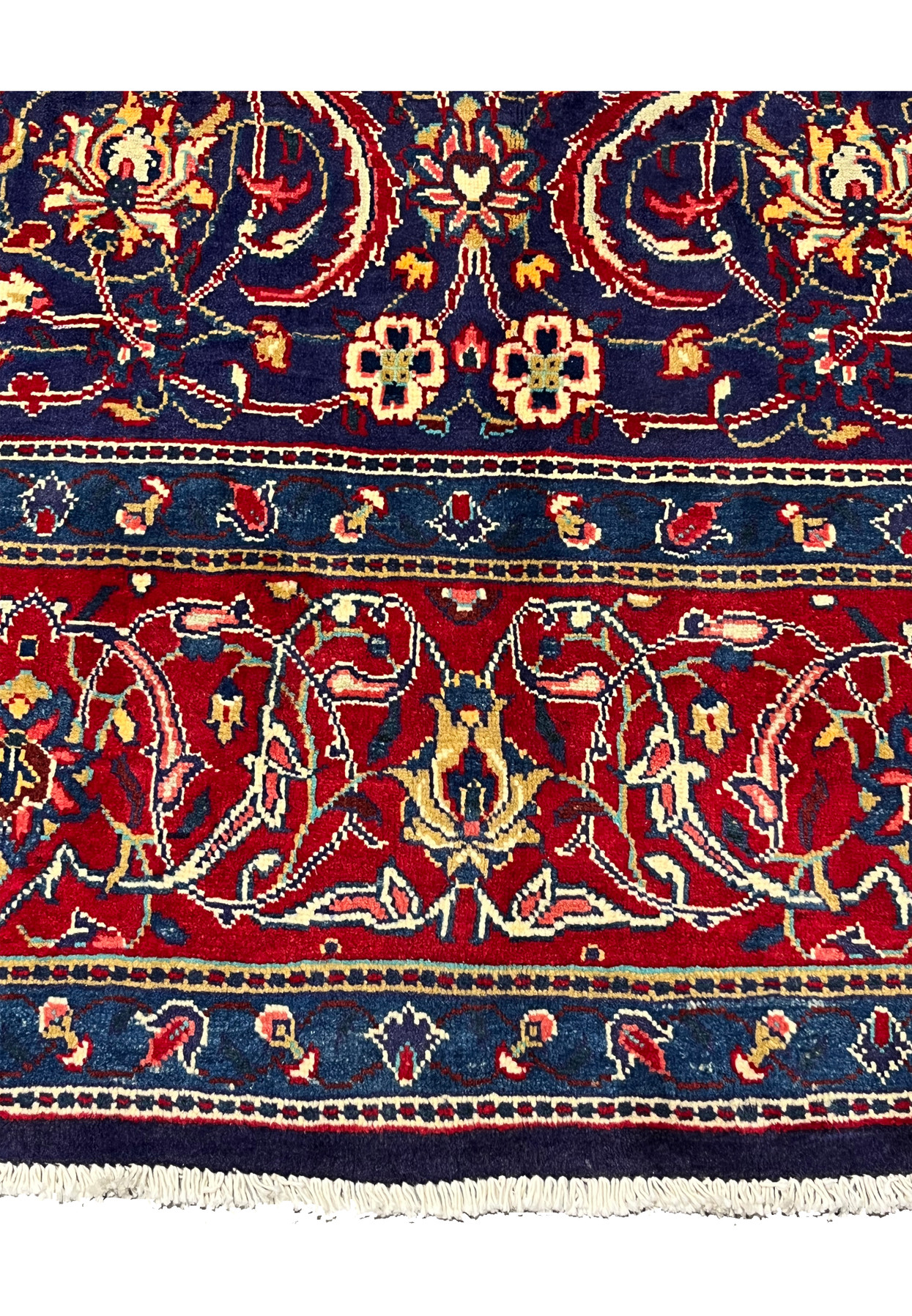 Lower border of red Mahal rug with gold palmette band and sky-blue guard stripes, hand-knotted