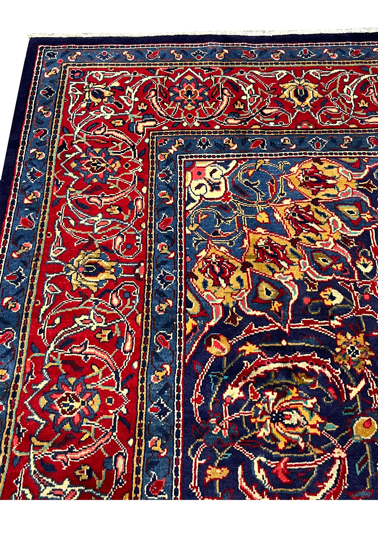 Upper border of red Persian Mahal with scrolling vines and sky-blue minor borders, handmade