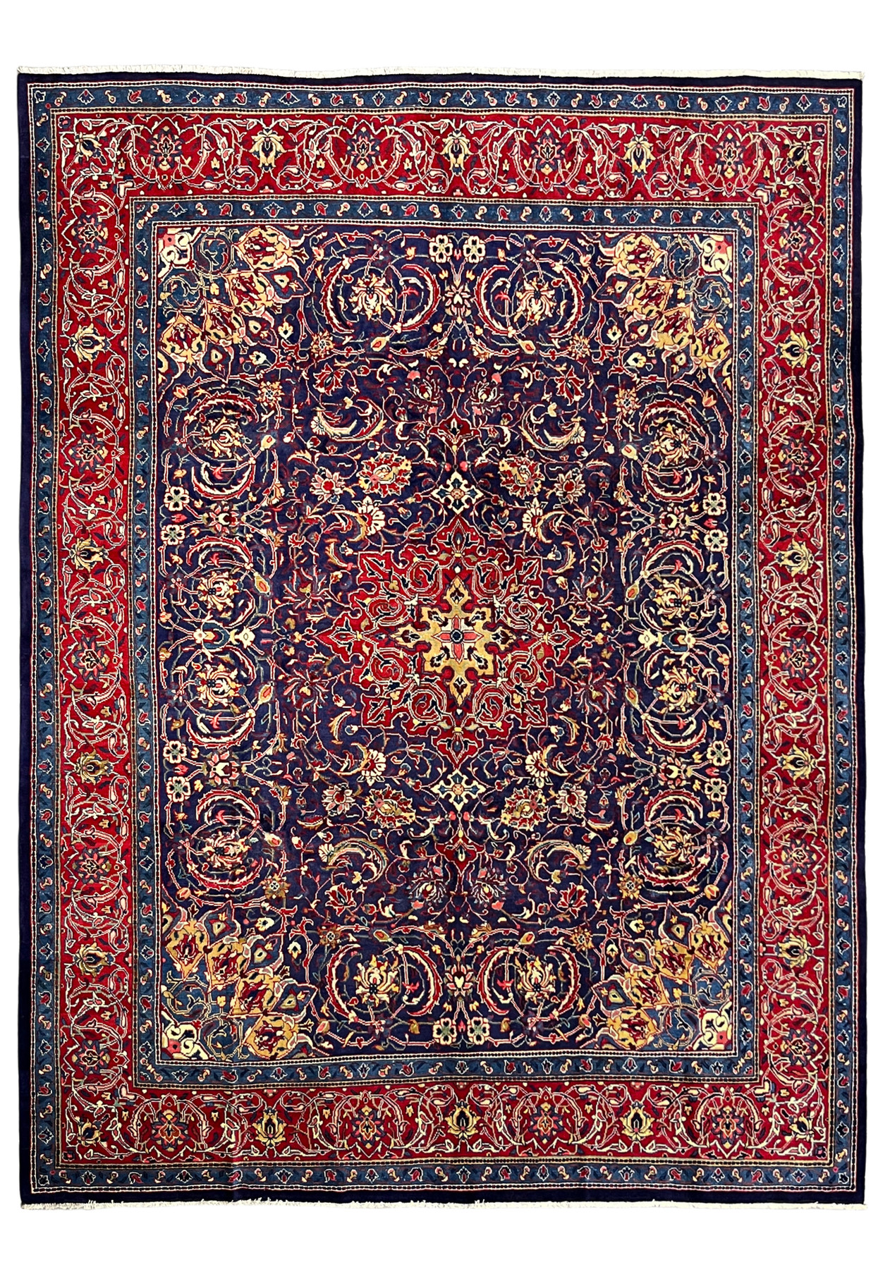 Full view of 10x13 navy Persian Mahal with red main border and ivory guard bands, handmade wool