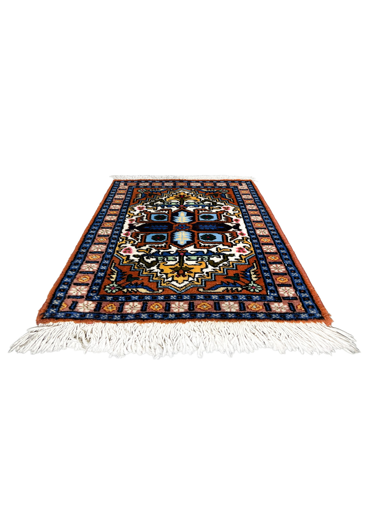 1x2 Persian Ardebil baby rug, hand-knotted wool and silk Heriz medallion on rust field with multi-band border