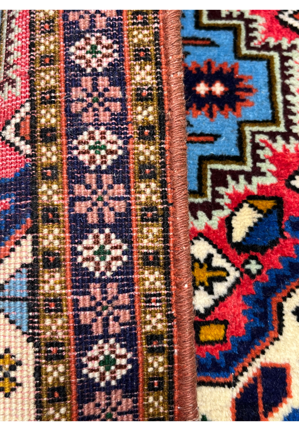 Reverse view showing tight 250 KPSI hand-knotted weave on cotton foundation, Persian Ardebil baby rug authenticity