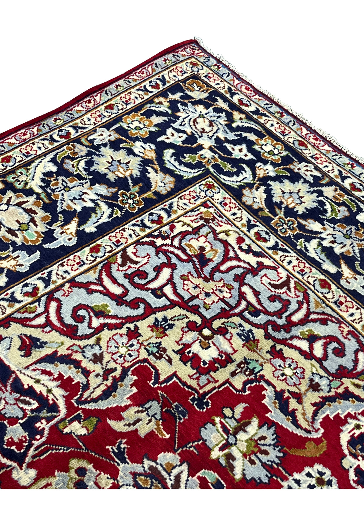 Inner border with cartouche, palmette and vine motifs in ivory and sky blue, fine Persian Najafabad rug detail