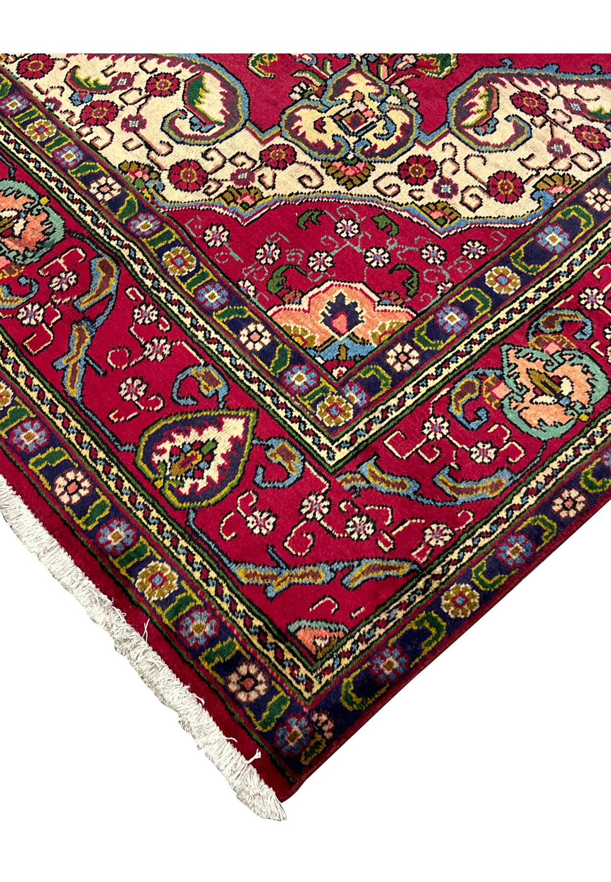 Corner spandrel detail with ivory ground and floral arabesque, hand-knotted Persian Tabriz rug border transition
